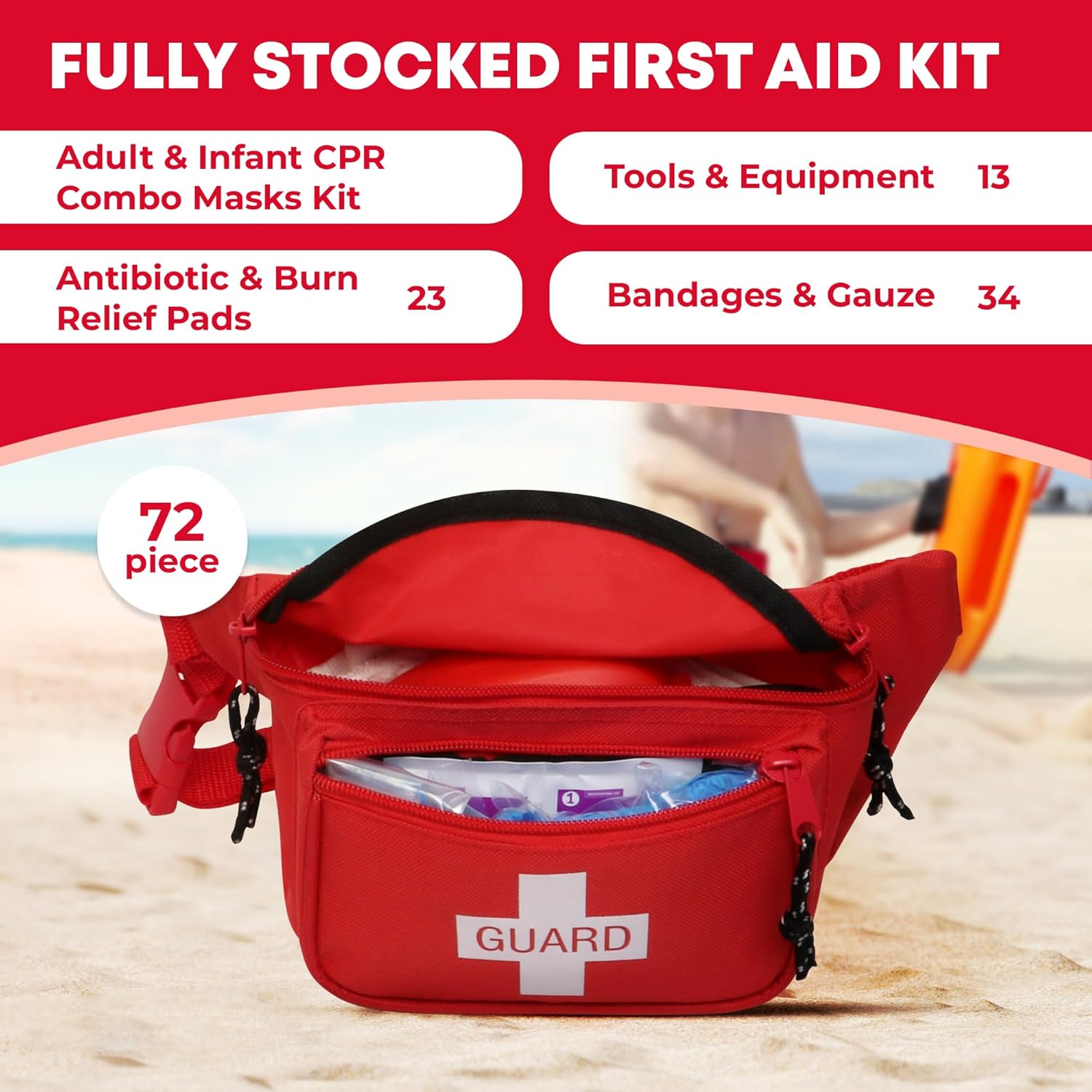 MediTac Kits 72-piece first aid kit with adult and infant CPR masks in a compact fanny pack for emergency medical supplies.