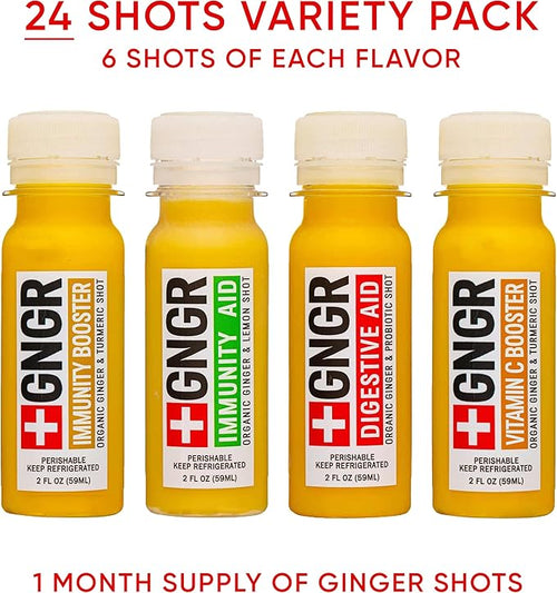 '+GNGR 24 Shots Variety Pack of Organic Immunity Boosting Ginger Shots - Cold Pressed Ginger Shots for All Natural Digestive and Immune Support - Nothing Artificial - USDA Organic (2 Fl Oz, 24 Pack) - OVERLANDERS Outfitter