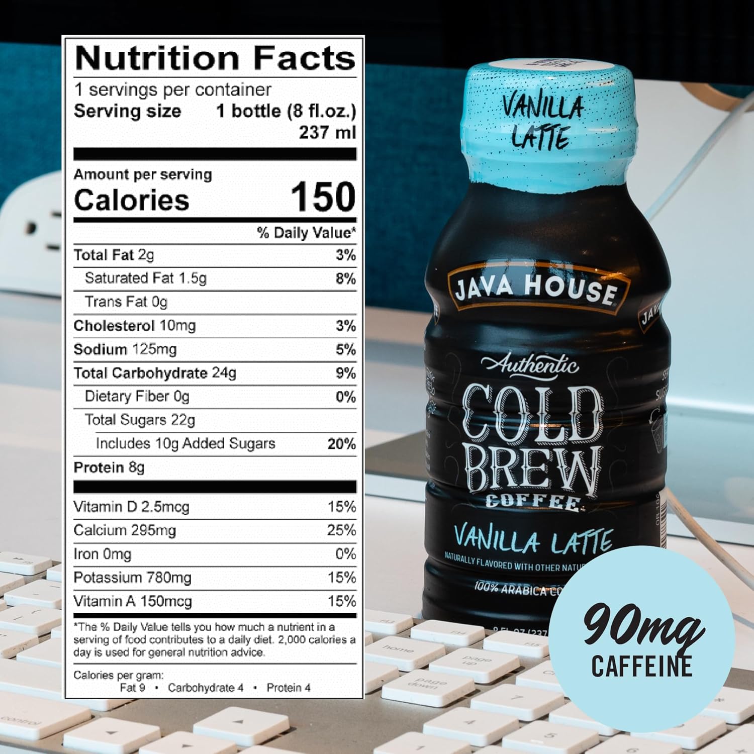 Java House Cold Brew 8oz bottles featuring French Vanilla Latte flavor with creamy coffee and vanilla notes in a sleek bottle.