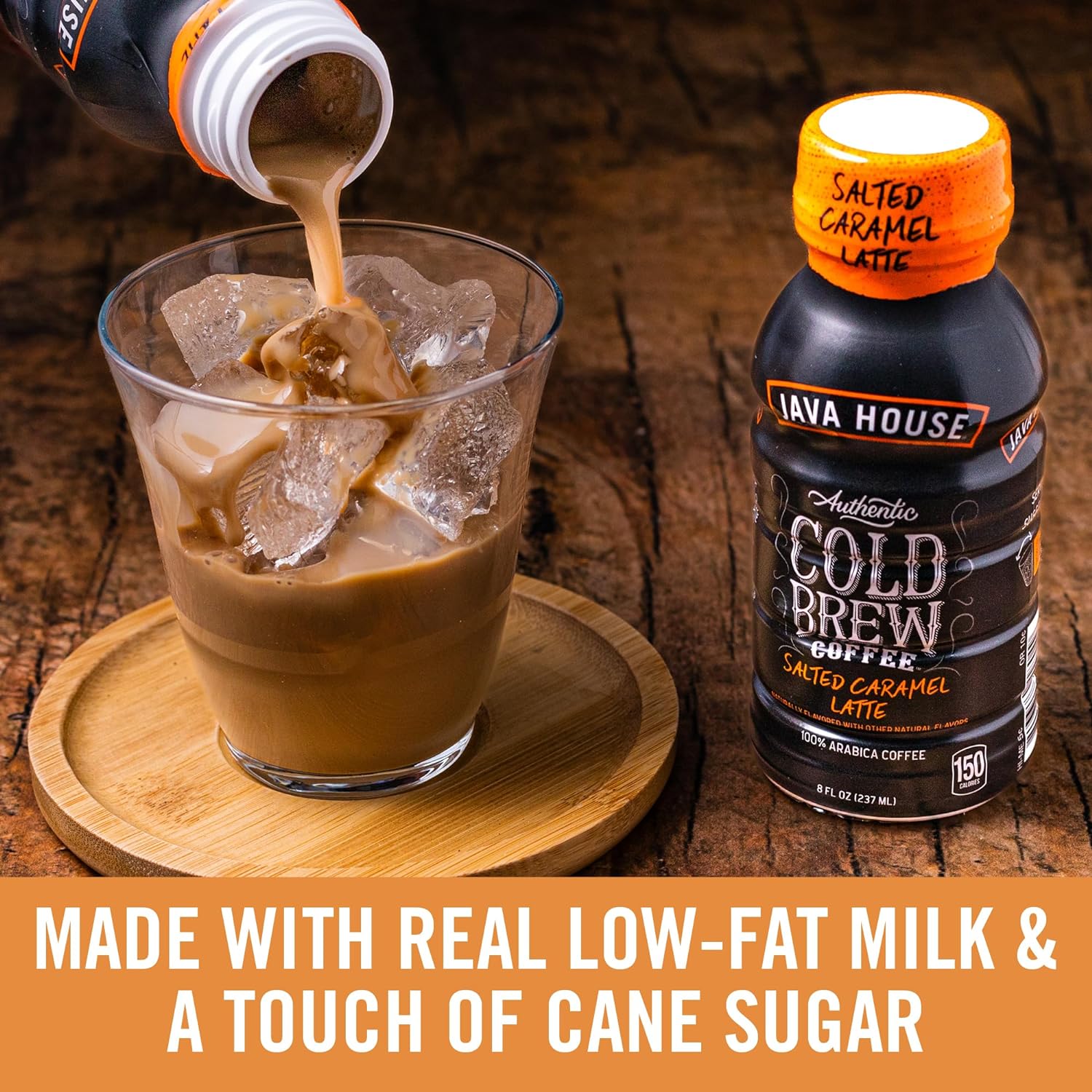 12 Java House Cold Brew 8oz bottles with salted caramel latte flavor, ready to enjoy a smooth, refreshing coffee beverage.