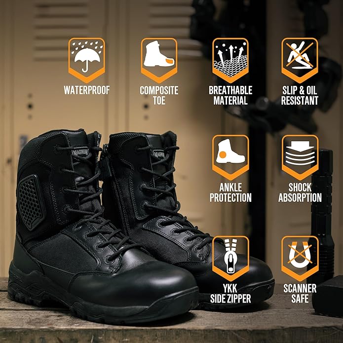 Magnum Boots Strike Force 8-inch waterproof tactical boot with side zipper and rugged sole, designed for durability and comfort.