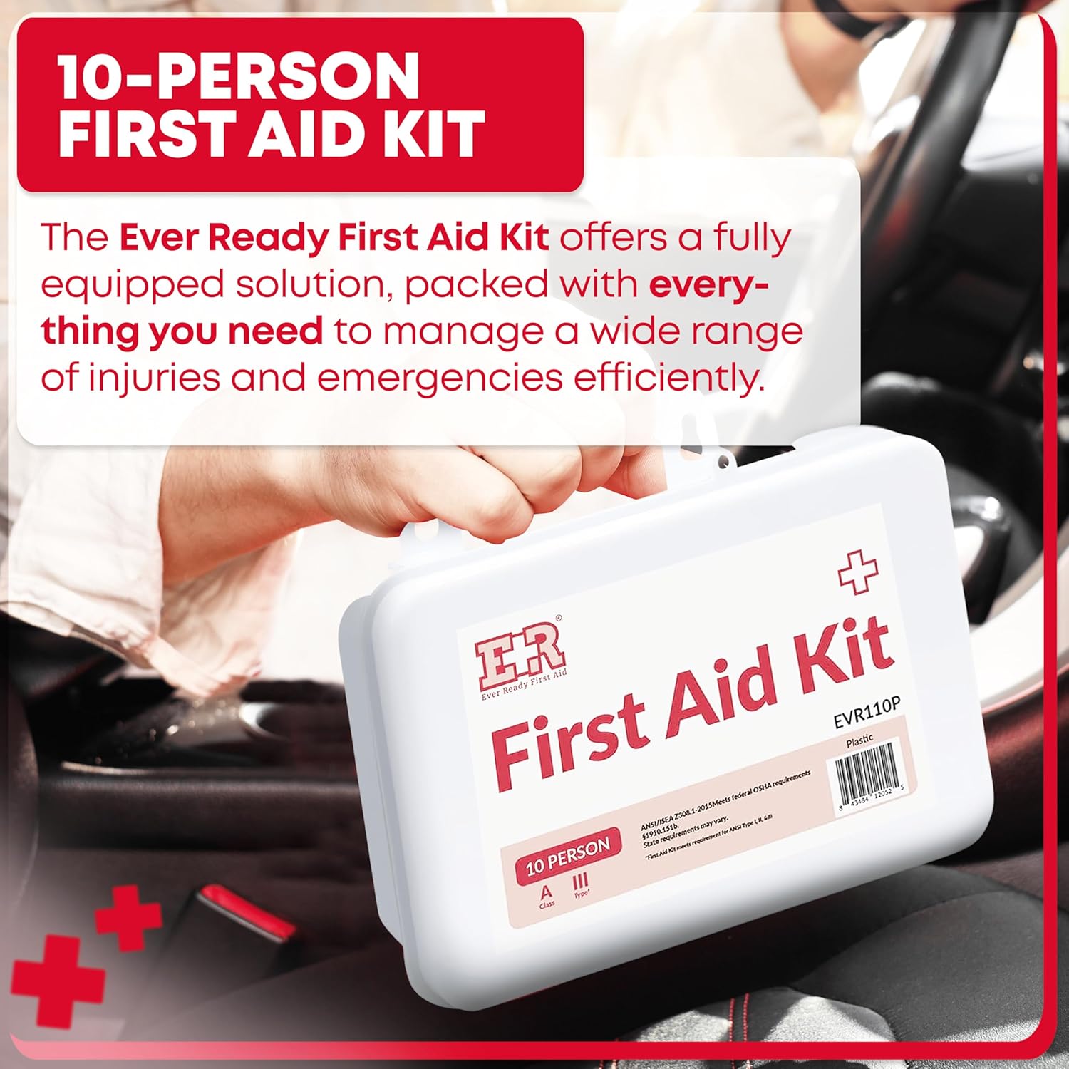 MediTac Kits 10 Person First Aid Kit Type III, ANSI A, OSHA compliant with bandages, antiseptic wipes, and medical supplies inside