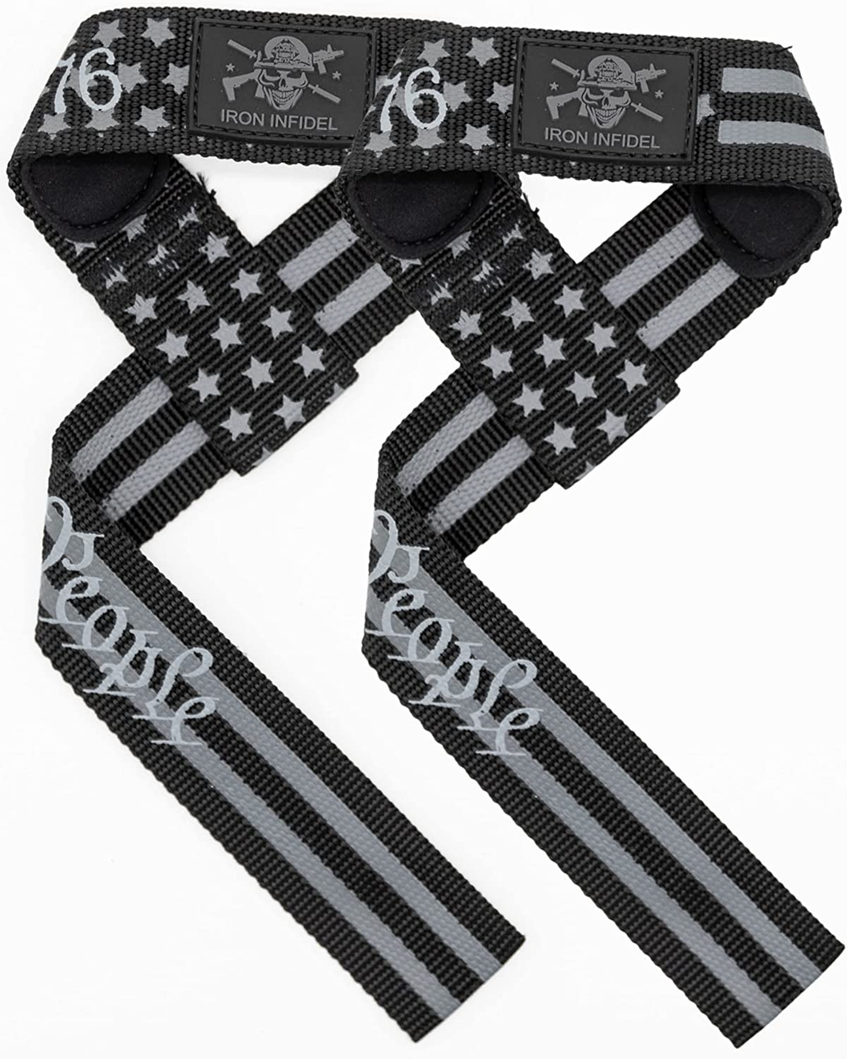 Iron Infidel lifting straps for weightlifting, showing black and red padded straps with adjustable loops for enhanced grip during lifts.
