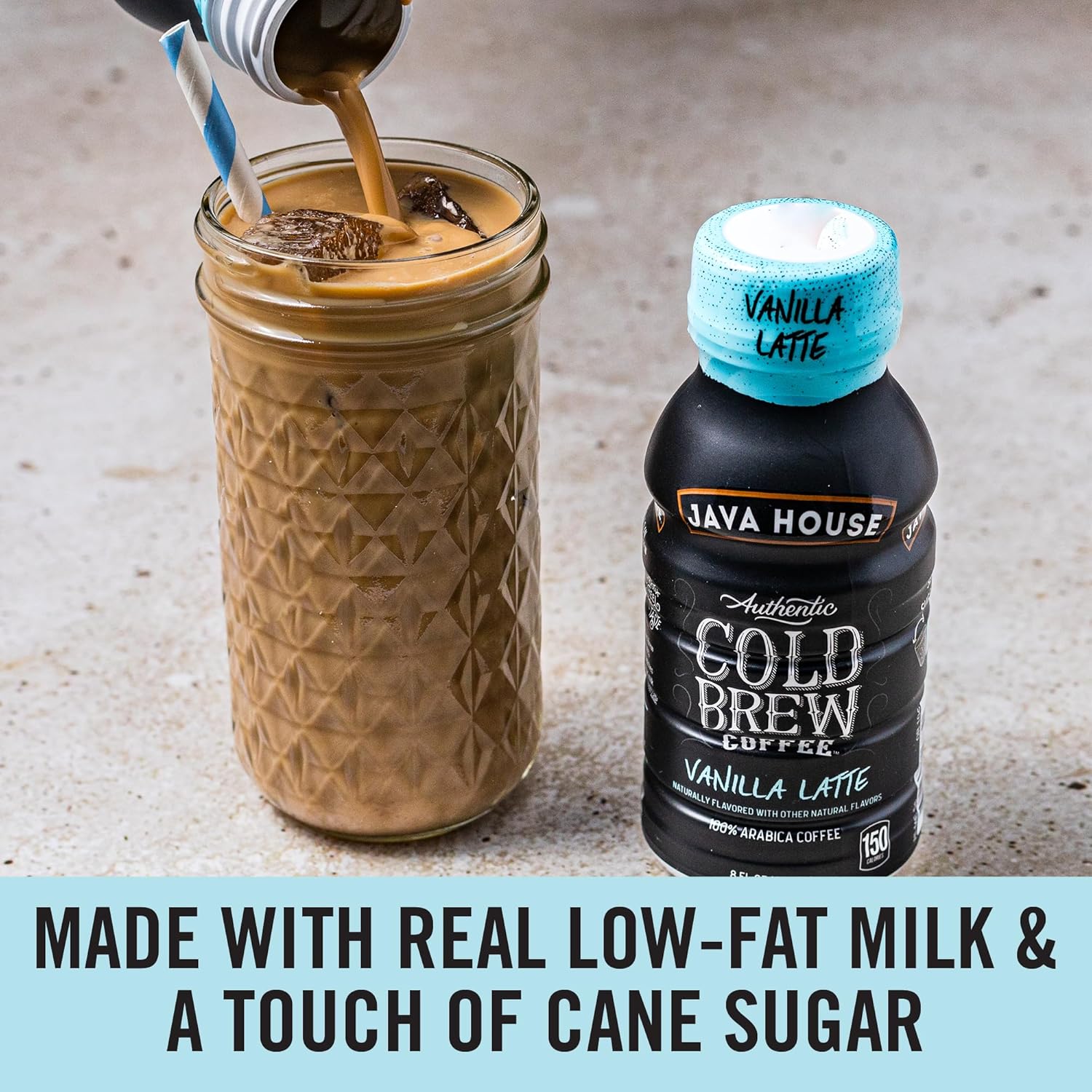 Cold brew French vanilla latte in 8oz Java House bottle, creamy coffee beverage with vanilla flavor, ready to enjoy.