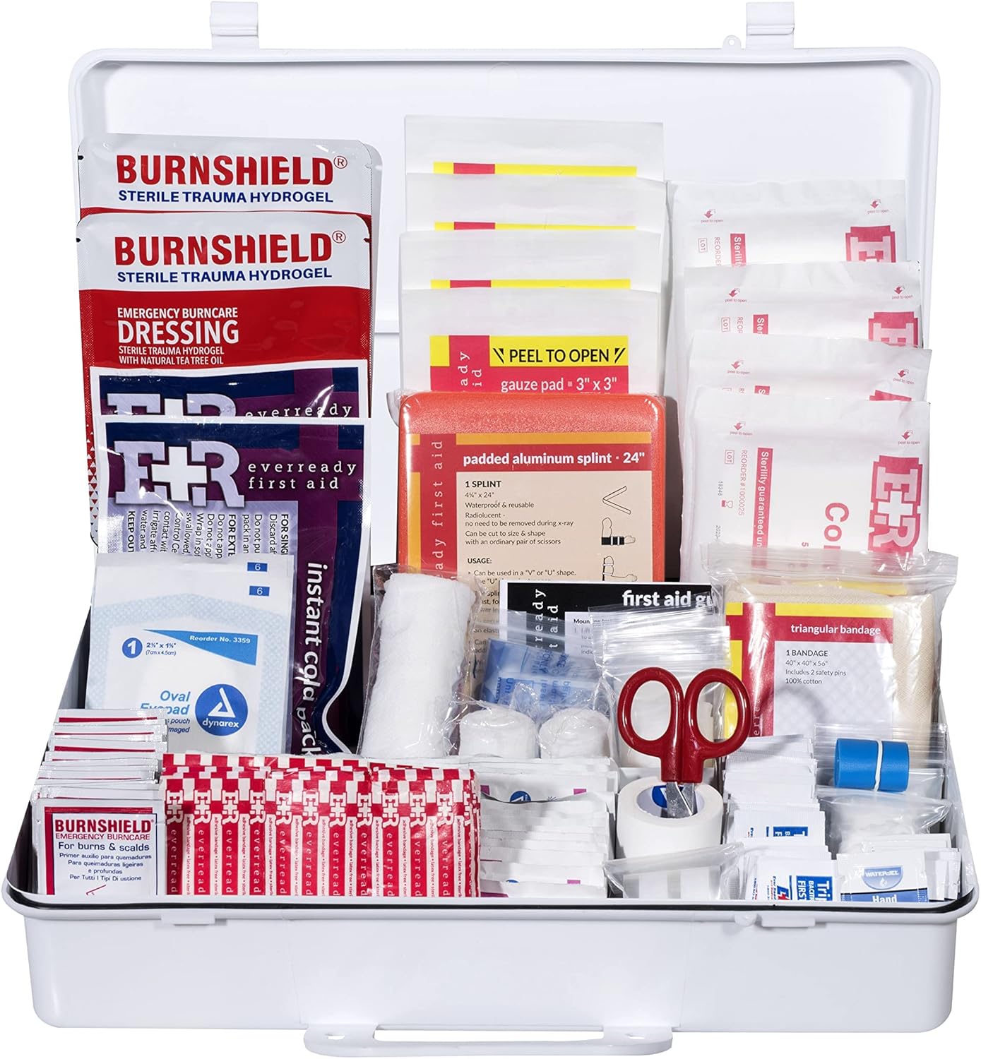 Fully stocked MediTac Kits ANSI Class B first aid kit with bandages, ointments, scissors, and medical supplies in a compact container.