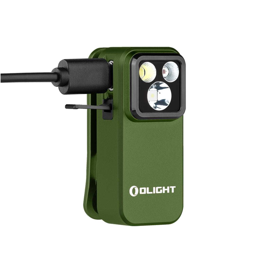 MUCITUP Olight Oclip Pro flashlight with clip, showing flood, spot, and red modes in four available colors.