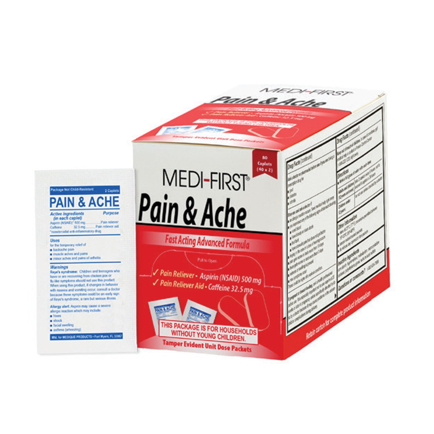 Box of Pain and Ache Relief medicine from quakekits.com, showing packaging and label details.