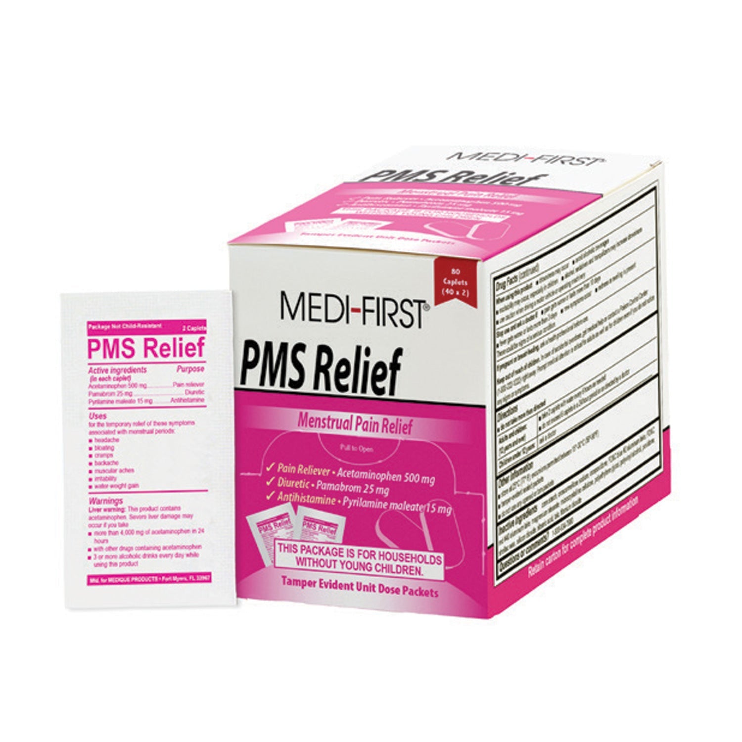 Box of PMS Relief Cramp Tabs by QuakeKits, 80-count for menstrual cramp relief, medicine and topical treatment.
