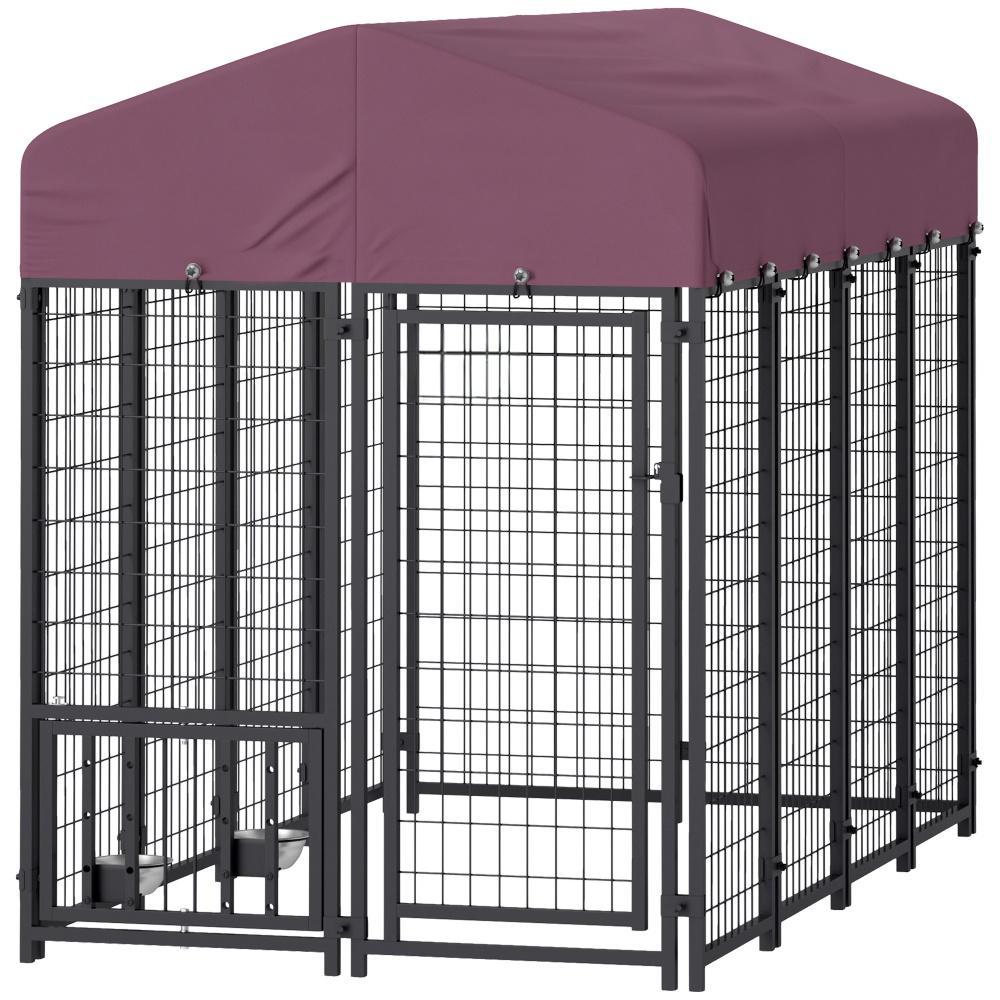 Welded Wire Outdoor Dog Kennel with 360° Rotating & Adjustable Bowls, Waterproof Cover, 7.9 x 4 x 6 ft - OVERLANDERS Outfitter