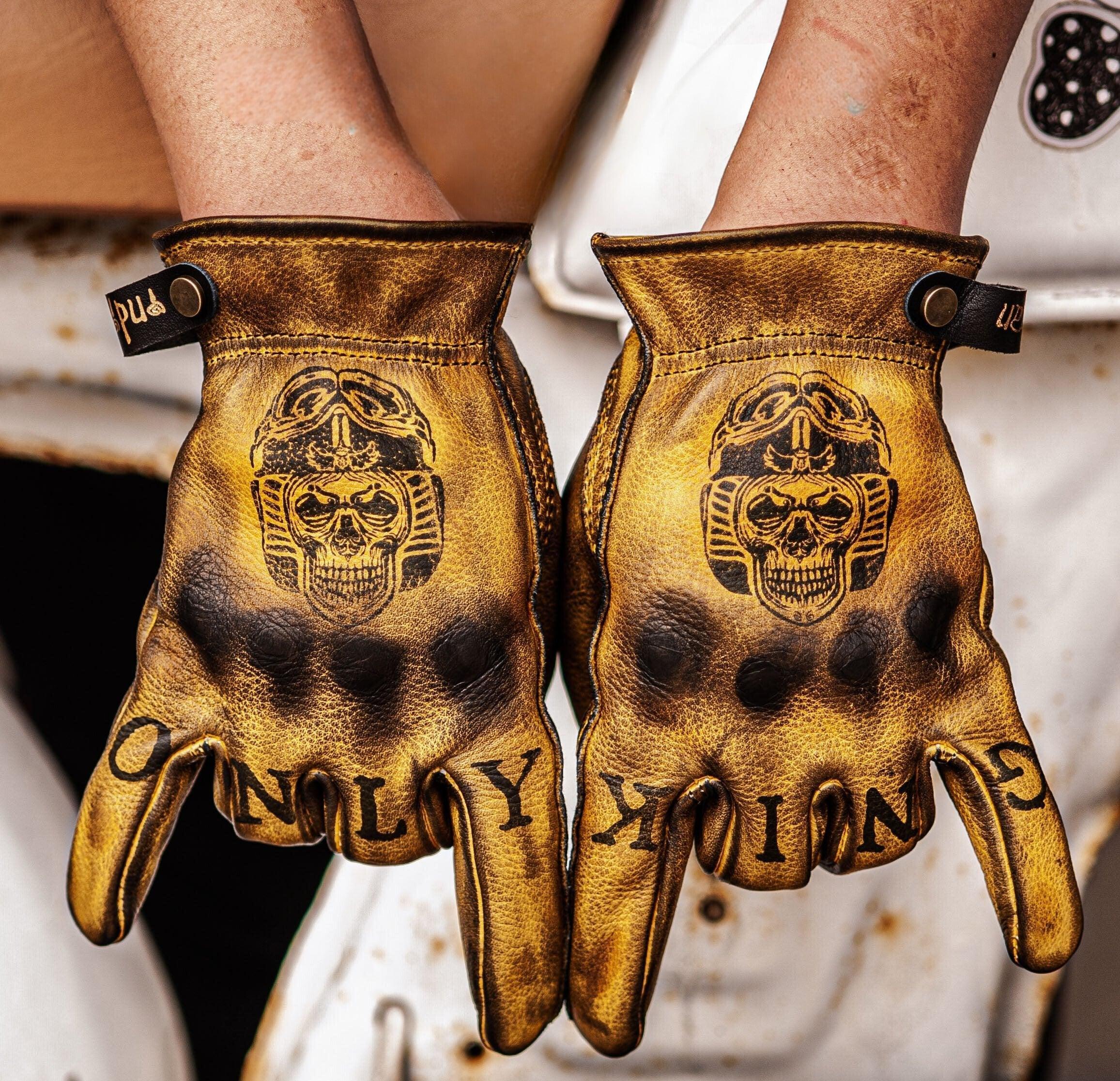 Indian Monkey™ handcrafted AAA cowhide motorcycle gloves with detailed stitching and finger protection by Bean's Moto Booth
