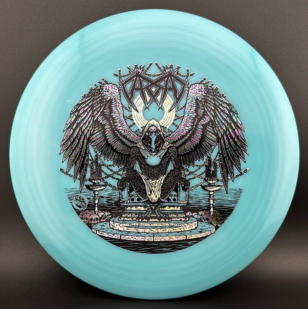 ESP Glo Buzzz disc golf disc by Rare Air Discs featuring Karudi the Overseer artwork, with vibrant glow-in-the-dark finish.