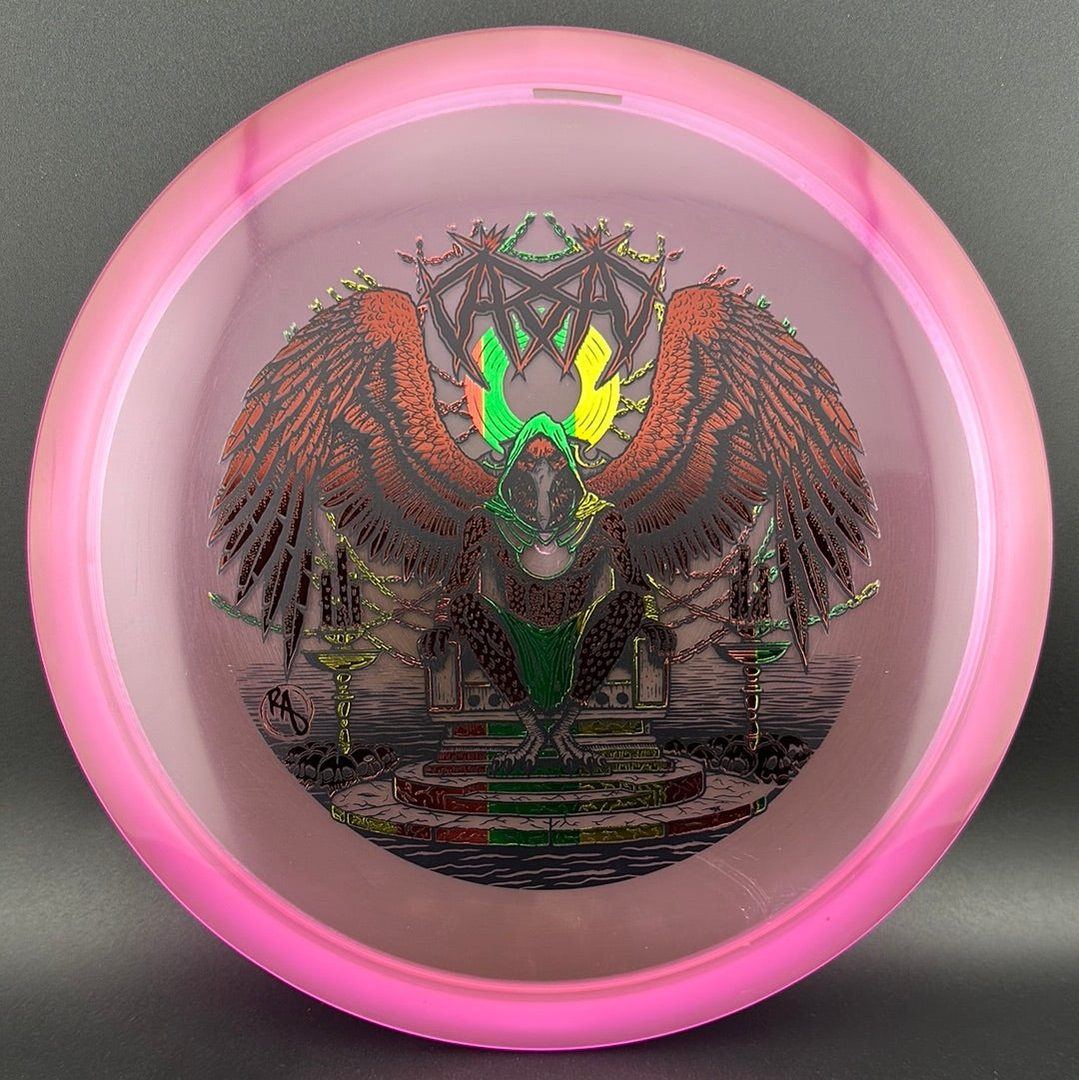 CryZtal Buzzz disc golf disc by Rare Air Discs featuring Karudi the Overseer design from Cult of RAD set on a plain background.