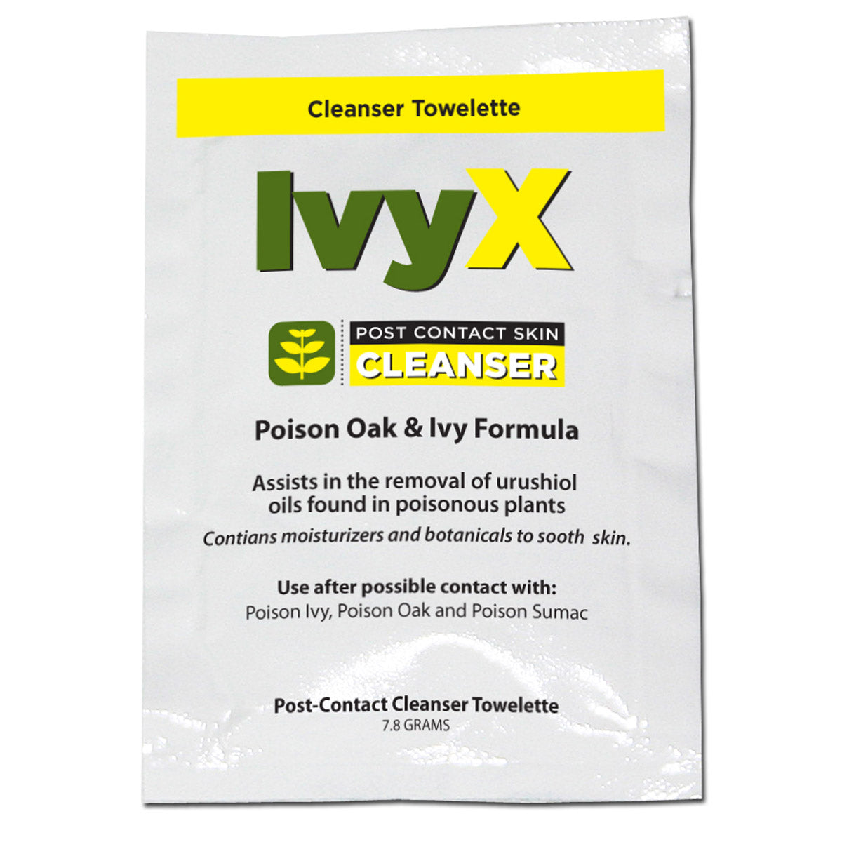 Ivy X Post-Contact Poison Oak & Ivy Cleanser Towelette from QuakeKits, a single portable medicated wipe for skin relief.