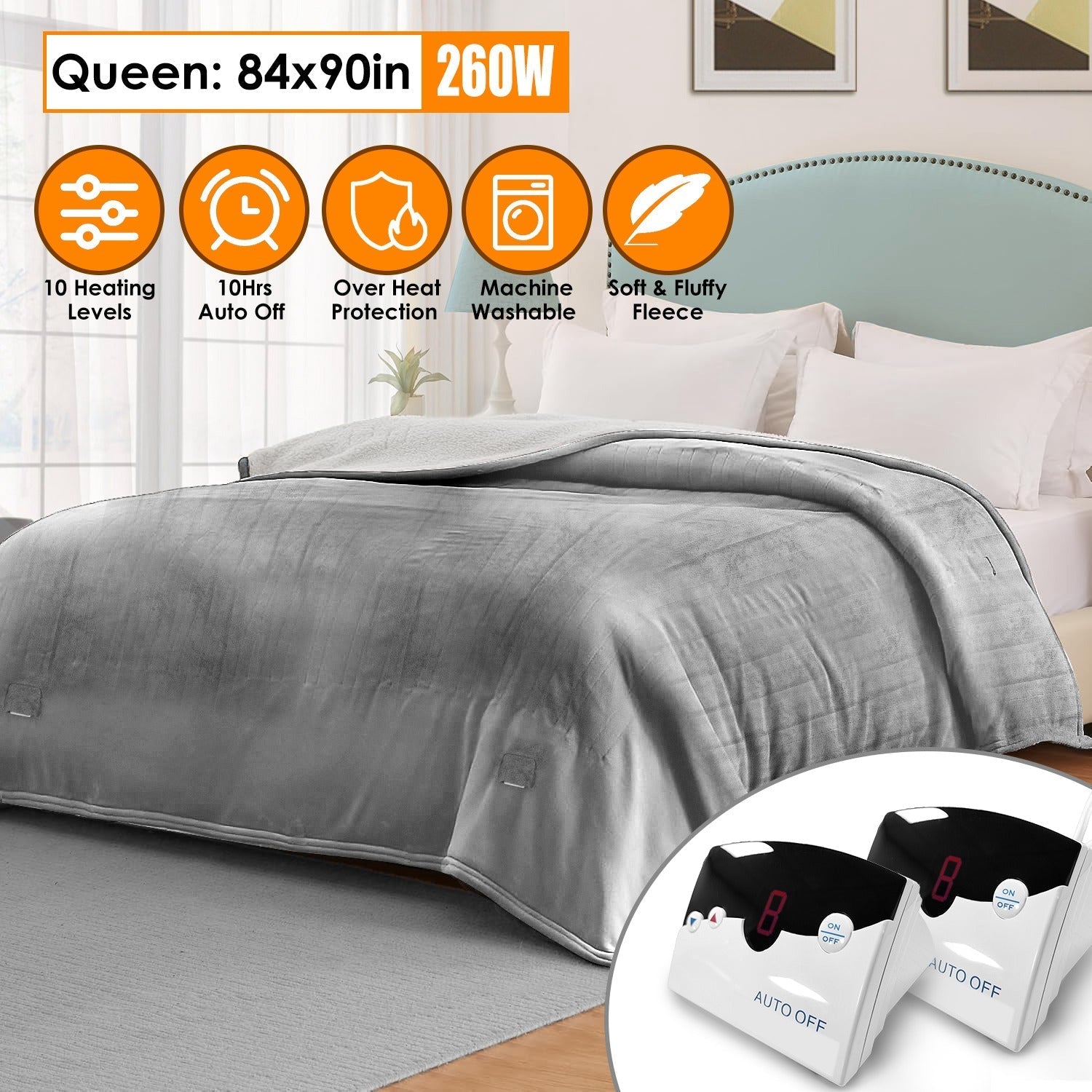 Electric Heated Queen Size Fleece Heated Blanket with Dual Controller 10 Heating Levels 10 Hours Auto Off Machine Washable for Home Office Usage 84x90 - OVERLANDERS Outfitter