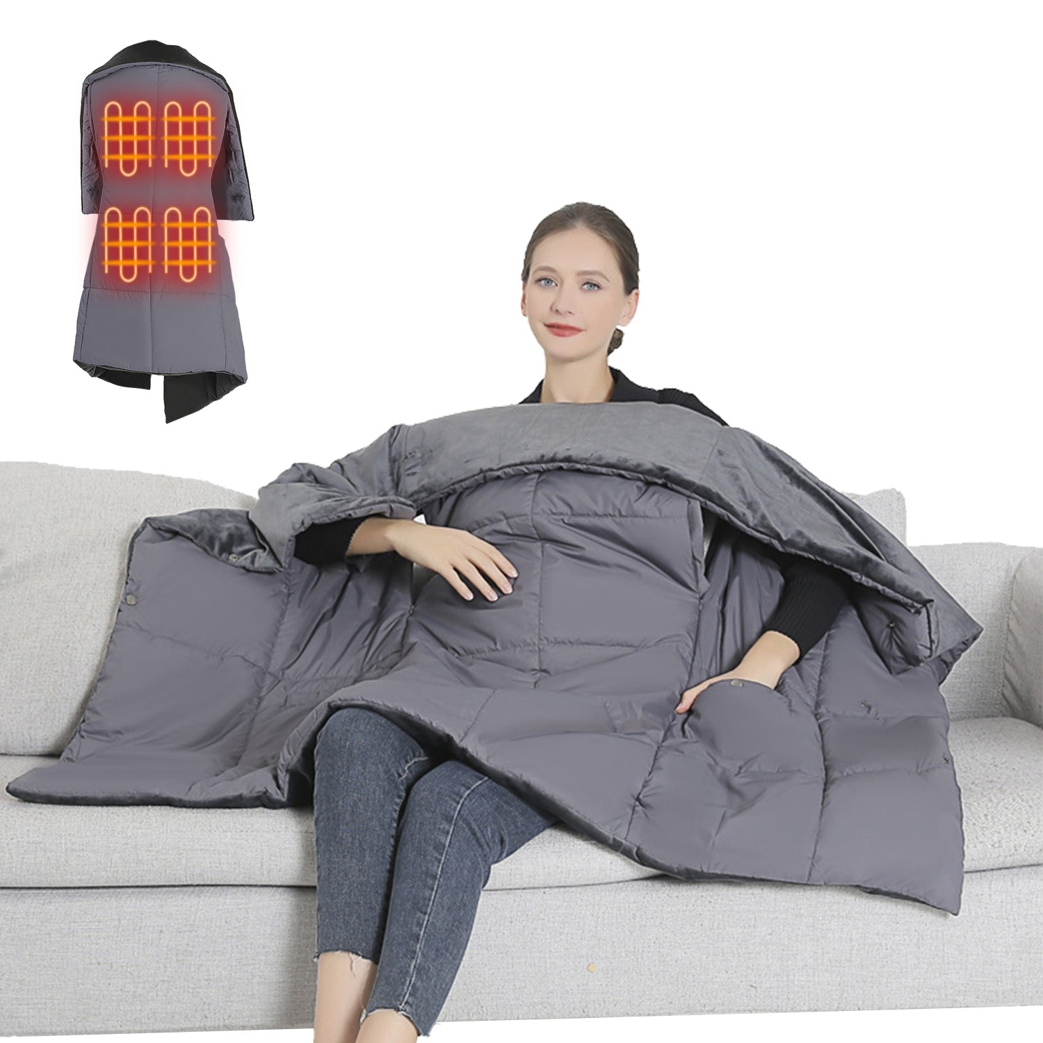 USB Heated Blanket Electric Heated Poncho Shawl Wrap Throw with Zipper Arm Holes Pocket 3 Heating Levels 6 Zones Dual Switch 5V/2A Machine Washable fo - OVERLANDERS Outfitter