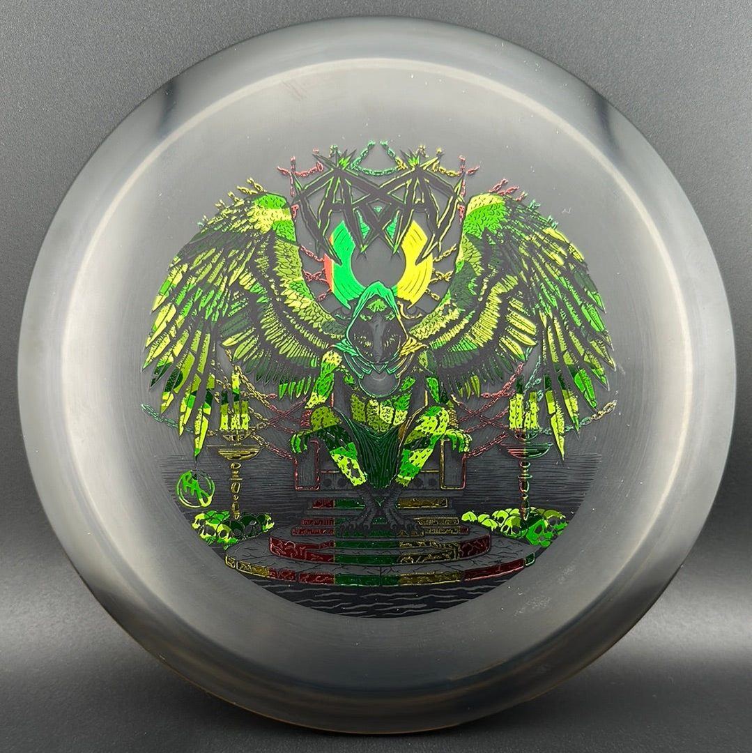 CryZtal Buzzz disc golf disc by Rare Air Discs featuring Karudi the Overseer design in transparent cryZtal plastic.