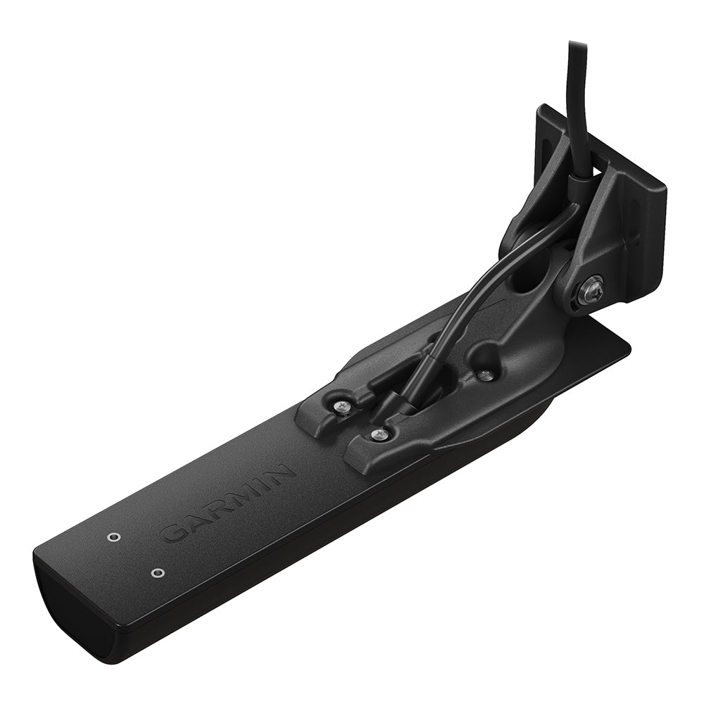 Garmin GT56UHD-TM transom mount transducer for boat depth and fish finding, shown on a boat surface with mounting hardware visible.