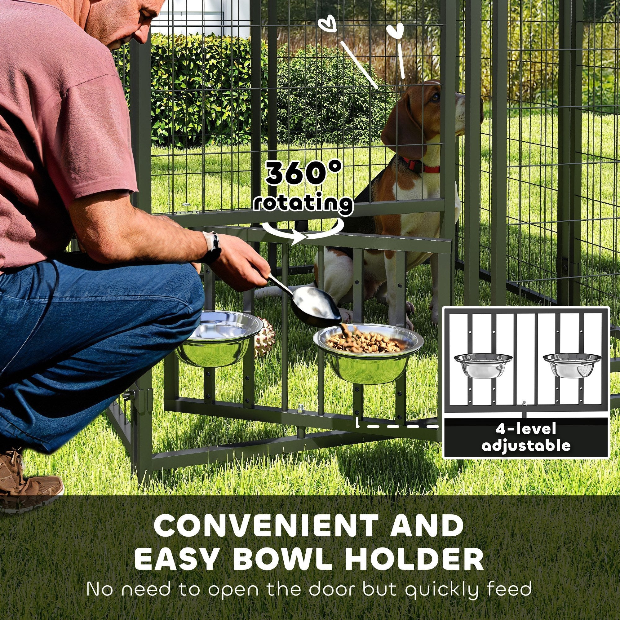 Welded Wire Dog Kennel with 360 Rotating & 4 Levels Adjustable Bowls, Waterproof Cover, 3.9 X 3.9 X 4.5 - OVERLANDERS Outfitter