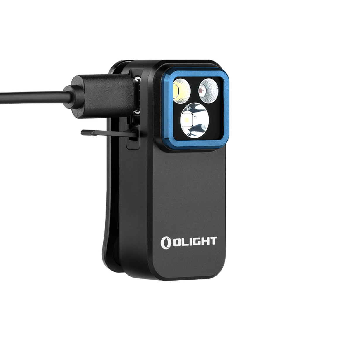 MUCITUP Olight Oclip Pro flashlight with clip, showing flood, spot, and red modes in four color options.