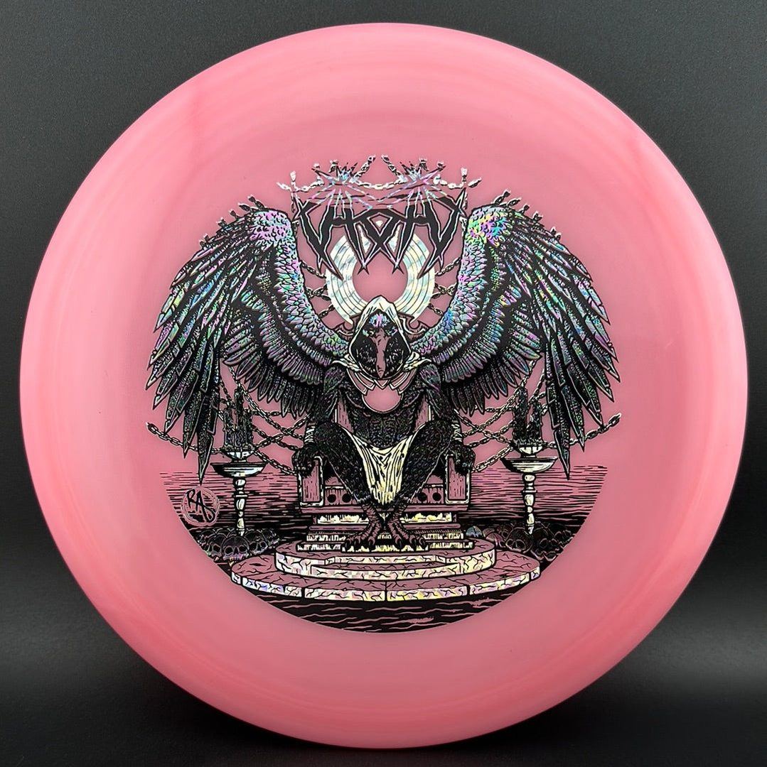 ESP Glo Buzzz disc golf disc by Ripper Studios featuring vibrant glow-in-the-dark design and detailed artwork of Karudi the Overseer.