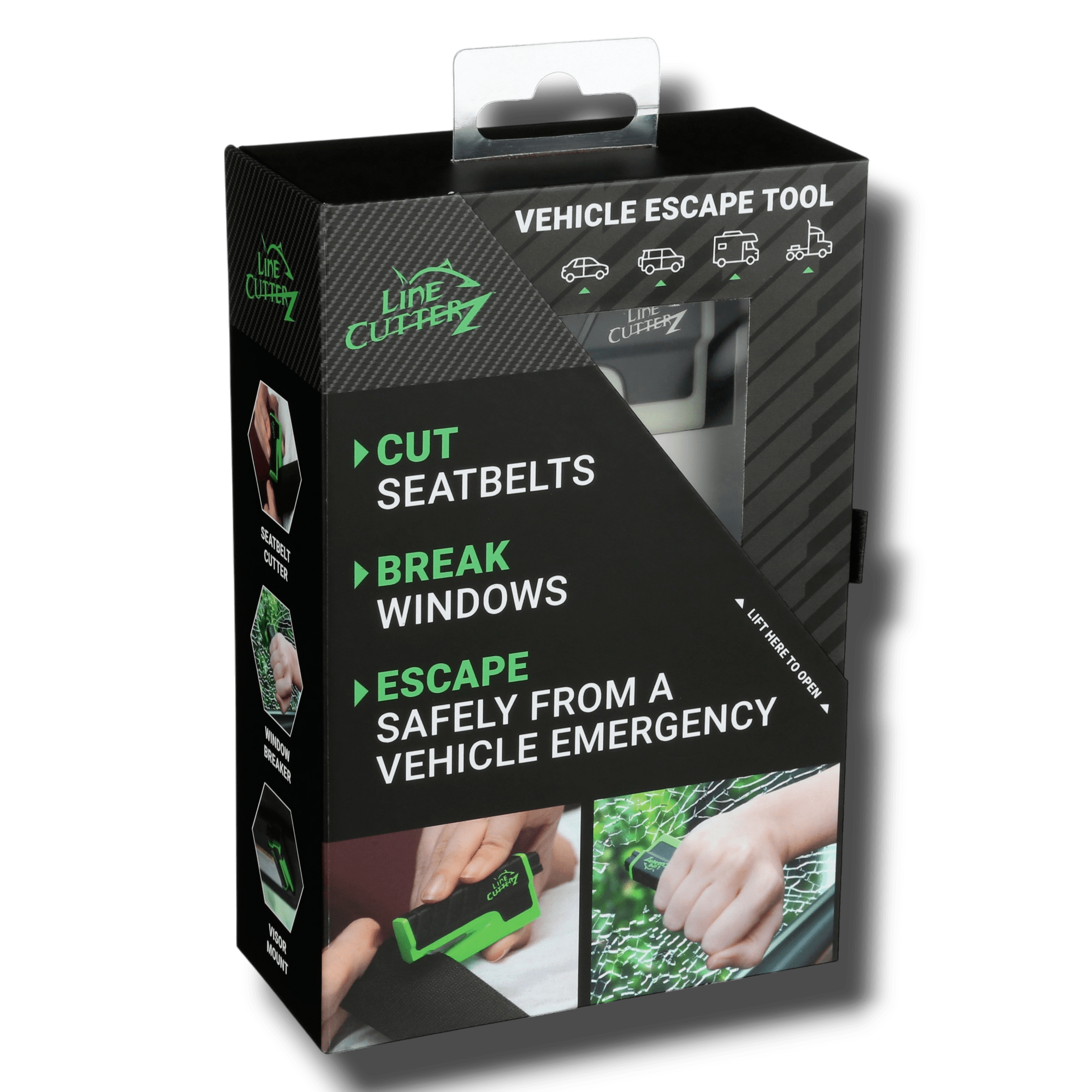 Line Cutterz VET vehicle escape tool with cutter blade, designed for emergency cutting and quick vehicle exits.
