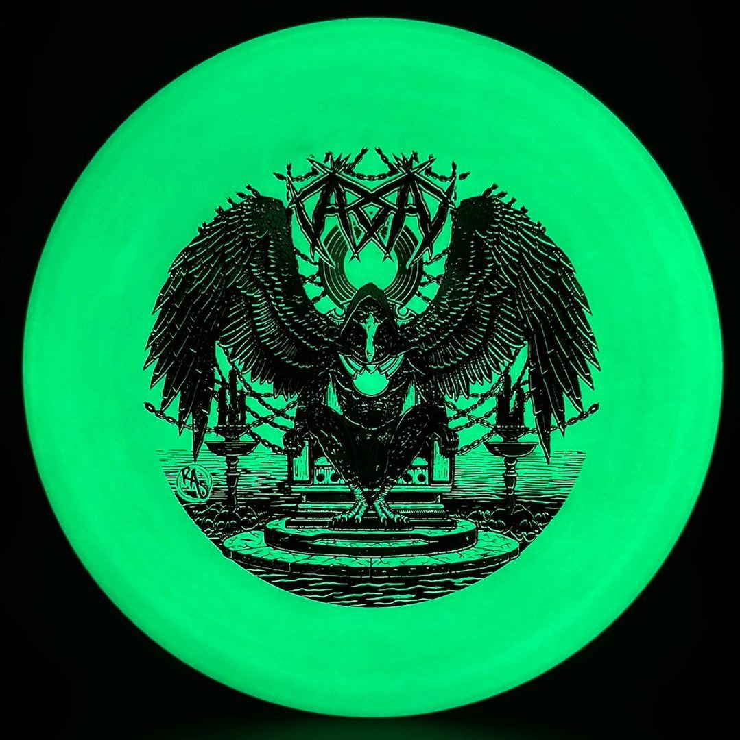 ESP Glo Buzzz disc golf disc by Ripper Studios featuring Karudi the Overseer design with a glowing, colorful graphic on the disc surface.