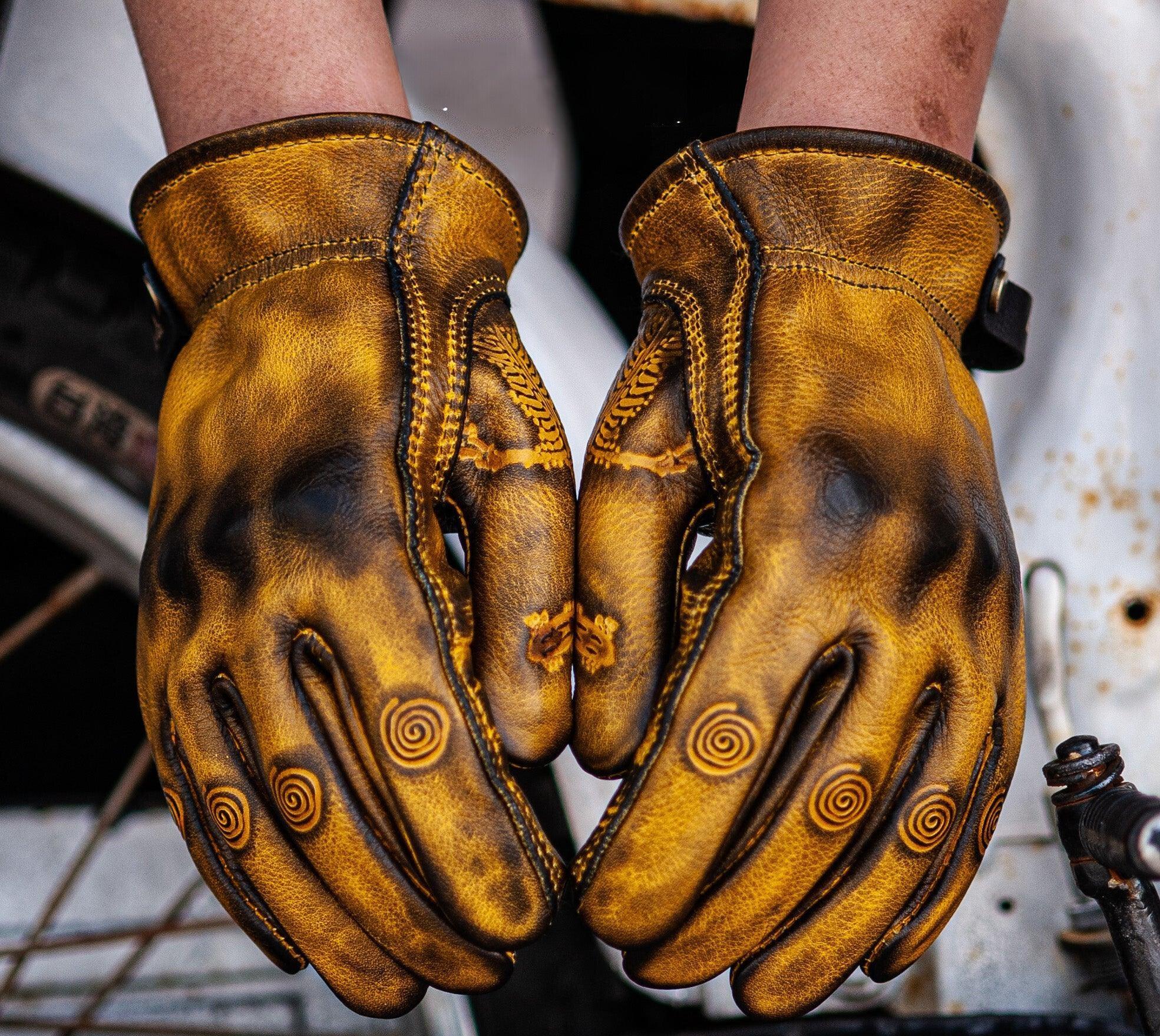 Indian Monkey™ handcrafted AAA cowhide motorcycle gloves with reinforced knuckles and detailed stitching, designed for protection and style.