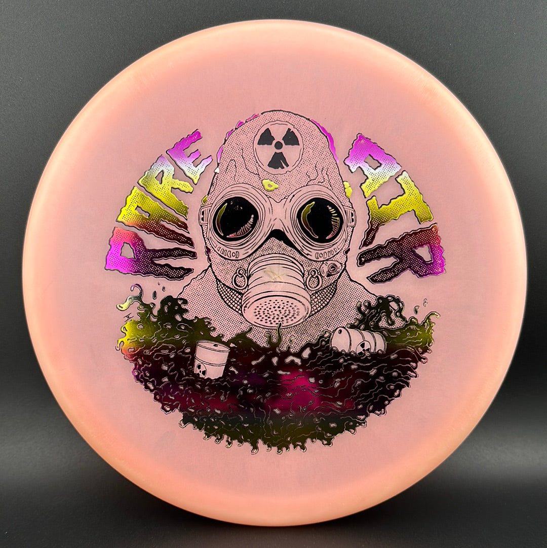 Radioactive Man stamp on Rare Air Discs Lunar Recon Mortar F2 disc golf disc featuring colorful, detailed lunar-themed artwork.