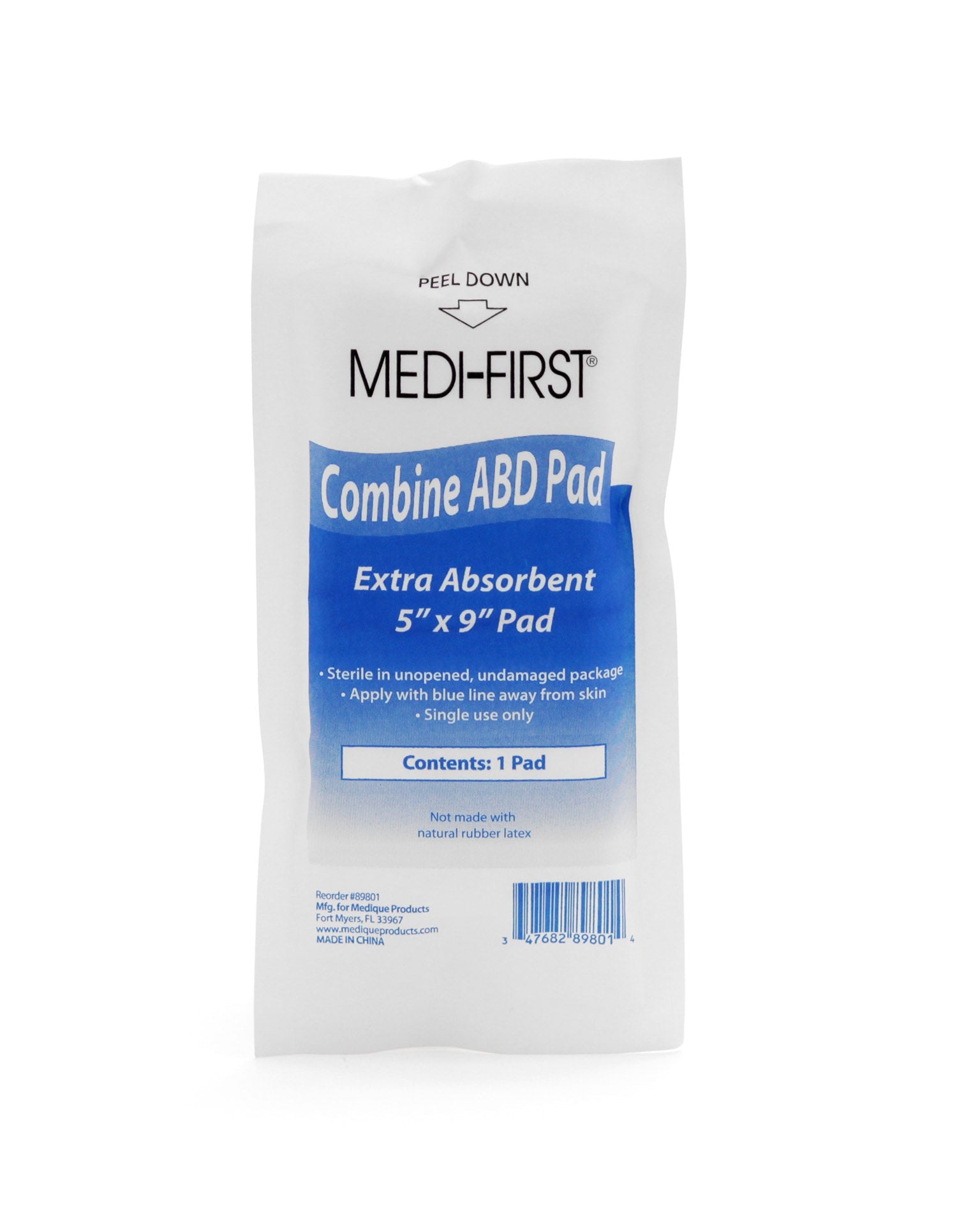 Sterile Medique ABD Pad 5" x 9" first aid supply, showcasing its white, soft surface and absorbent material.