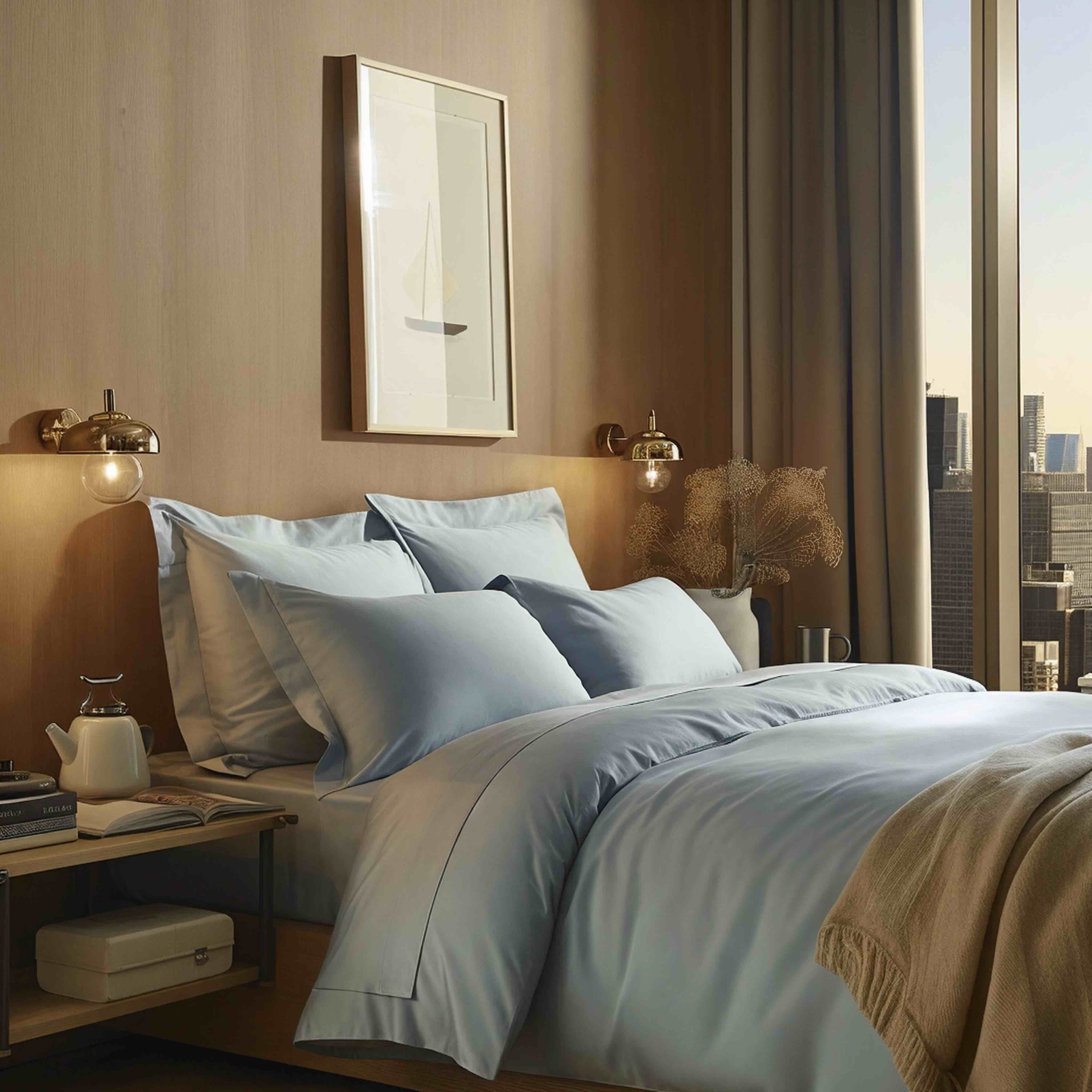 Luxe Australian sateen duvet cover from Italic on a bed, showcasing smooth, glossy fabric with elegant stitching details.