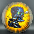 Gold Pure disc golf disc from Rare Air Discs, branded as [STRATUS] FEAR V3 by Les White & Dan Kemp, showing a close-up of the disc.