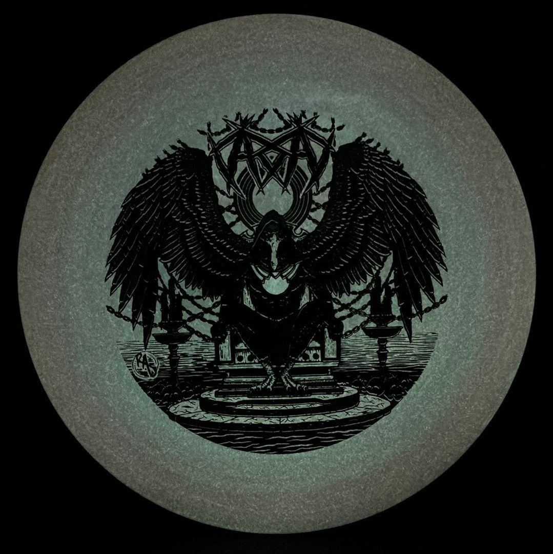 ESP Glo Buzzz disc golf disc by Rare Air Discs featuring Karudi the Overseer artwork, vibrant glow finish and detailed design.