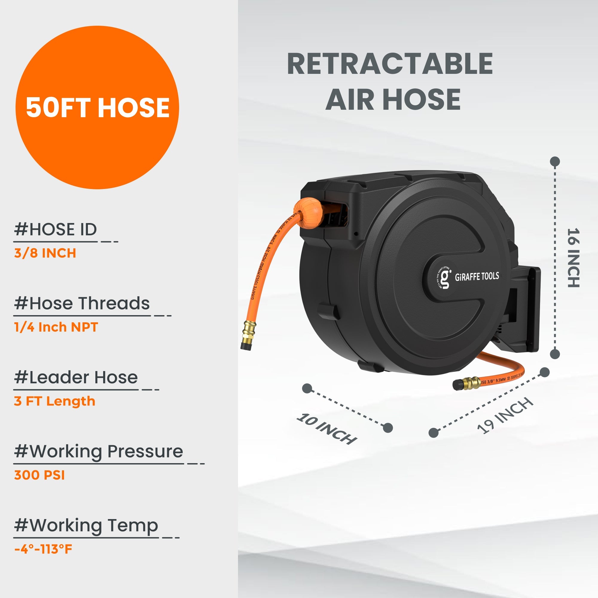Retractable Air Hose Reel-PP Housing-3/8in-50ft - OVERLANDERS Outfitter