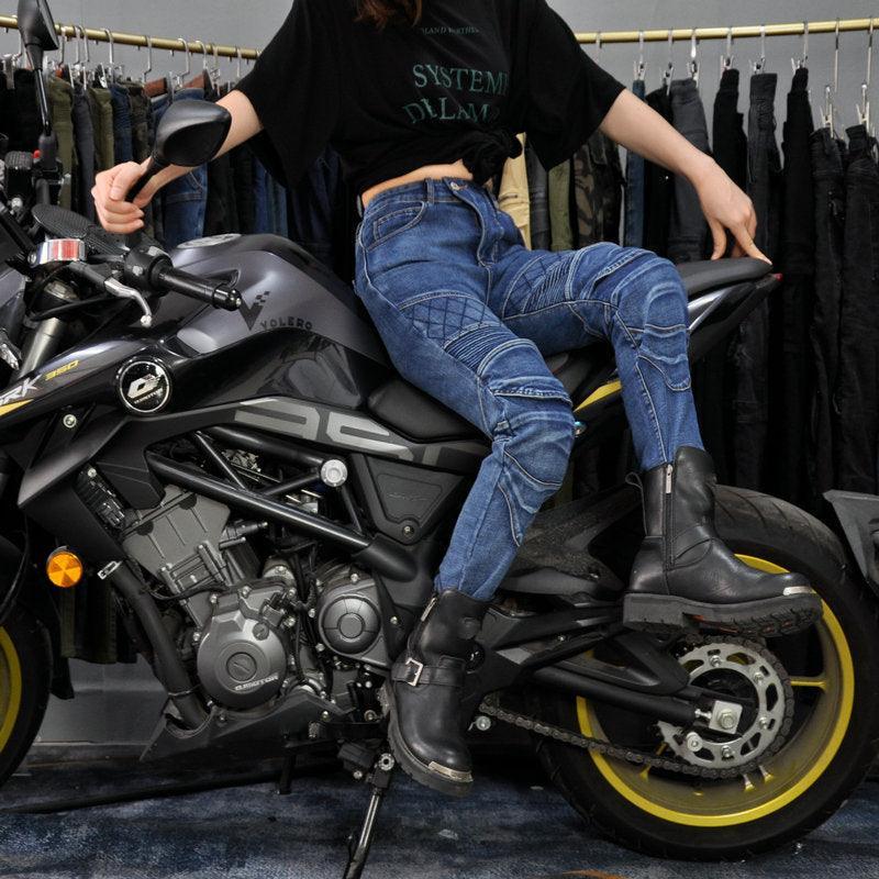 Women’s LOONG BIKER™ Cross Fire Kevlar motorcycle pants with protective armor and durable denim from Bean's Moto Booth.