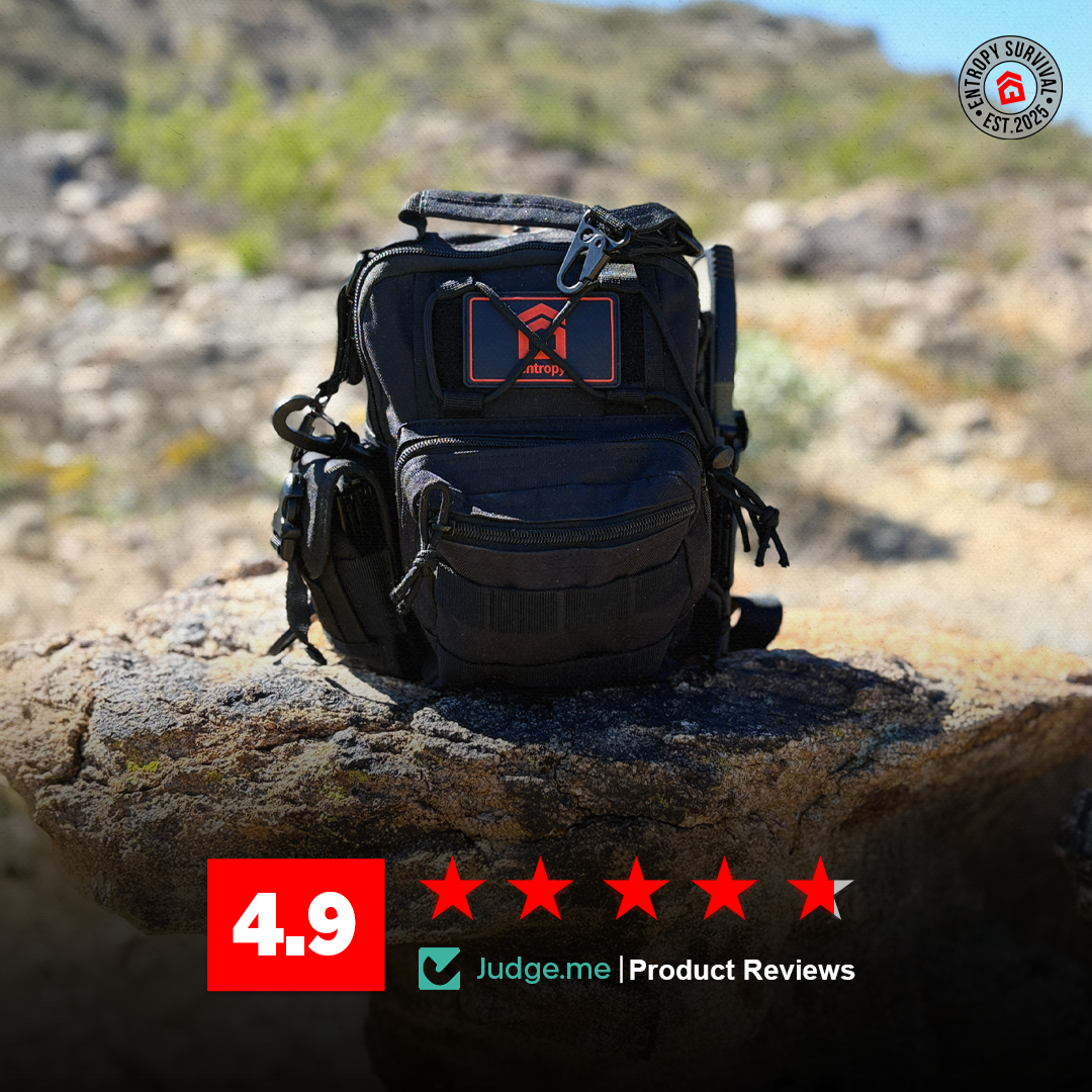 Entropy Survival Safe Trail Survive All Go Bag emergency preparedness kit with essential survival supplies and compact design.