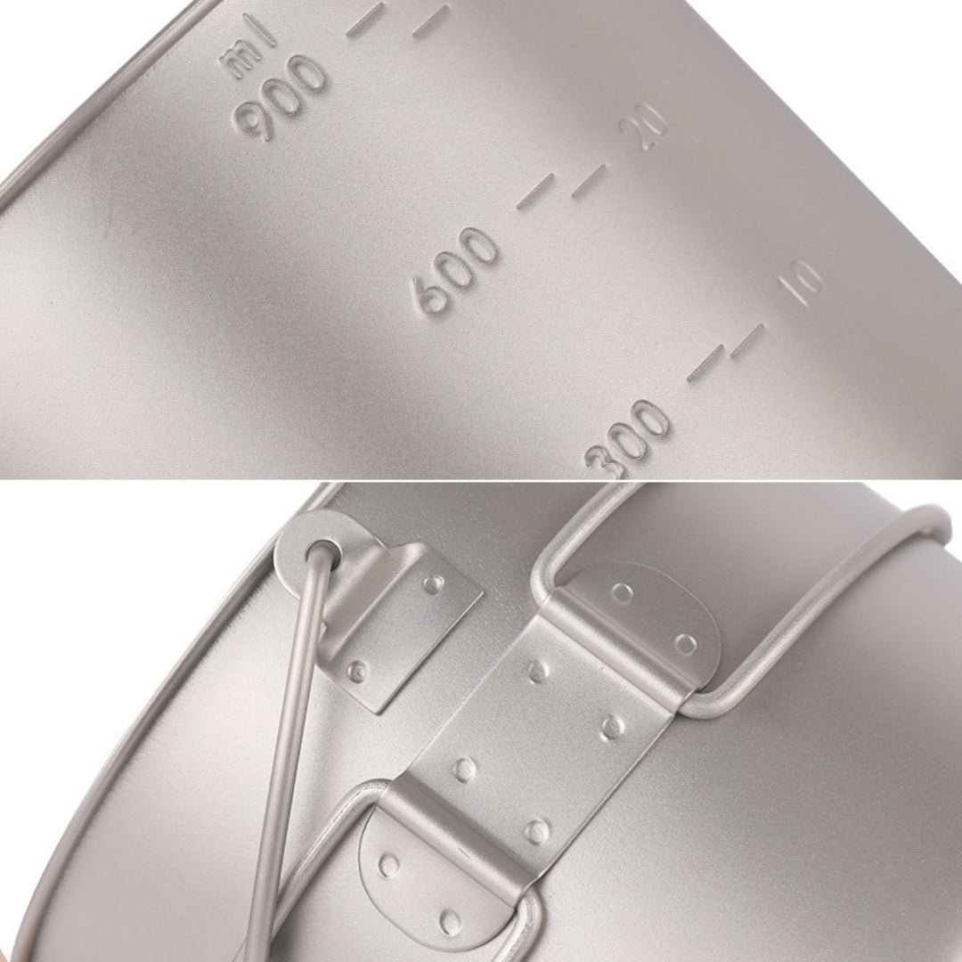 Titanium cooking pot with 1100 ml capacity from Near Zero Outdoor Gear, showing the compact, lightweight design suitable for outdoor camping.