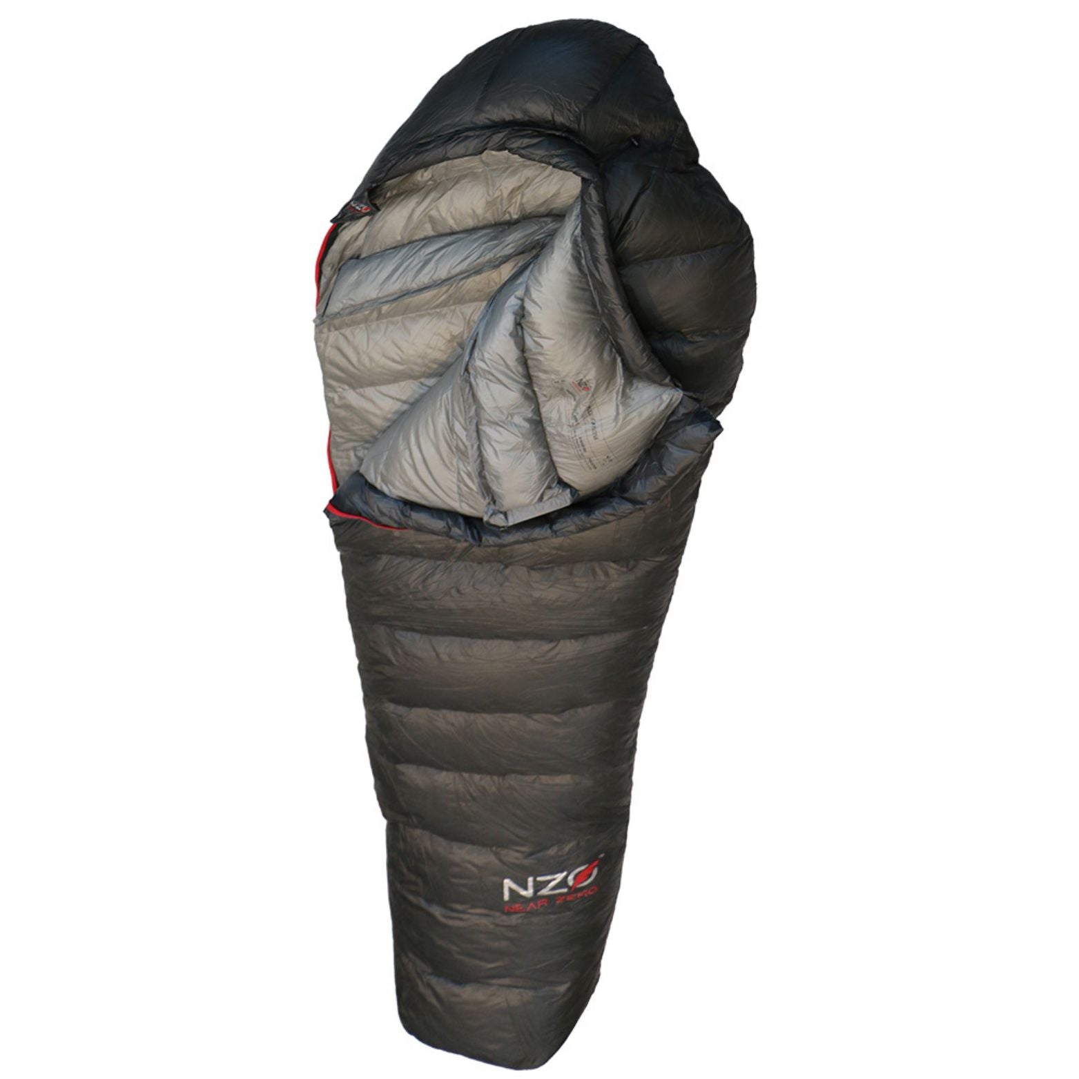 Near Zero Outdoor Gear NZ 20 mummy sleeping bag displayed in a cozy outdoor setting, showcasing its shape and design.