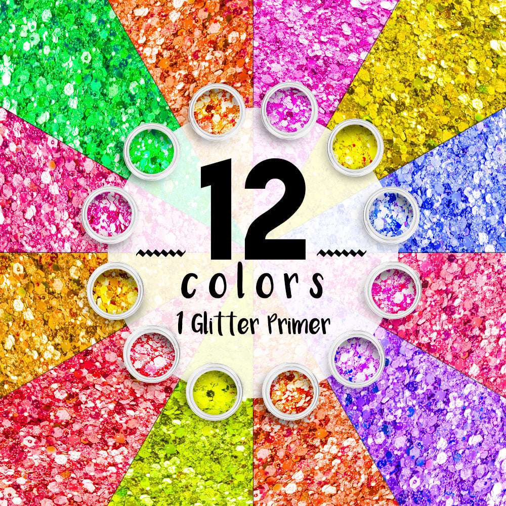 12 pack  Neon Glitter + 1 glitter glue Chunky Cosmetic Holographic Glitter | Body, Face & Hair Safe - OVERLANDERS Outfitter
