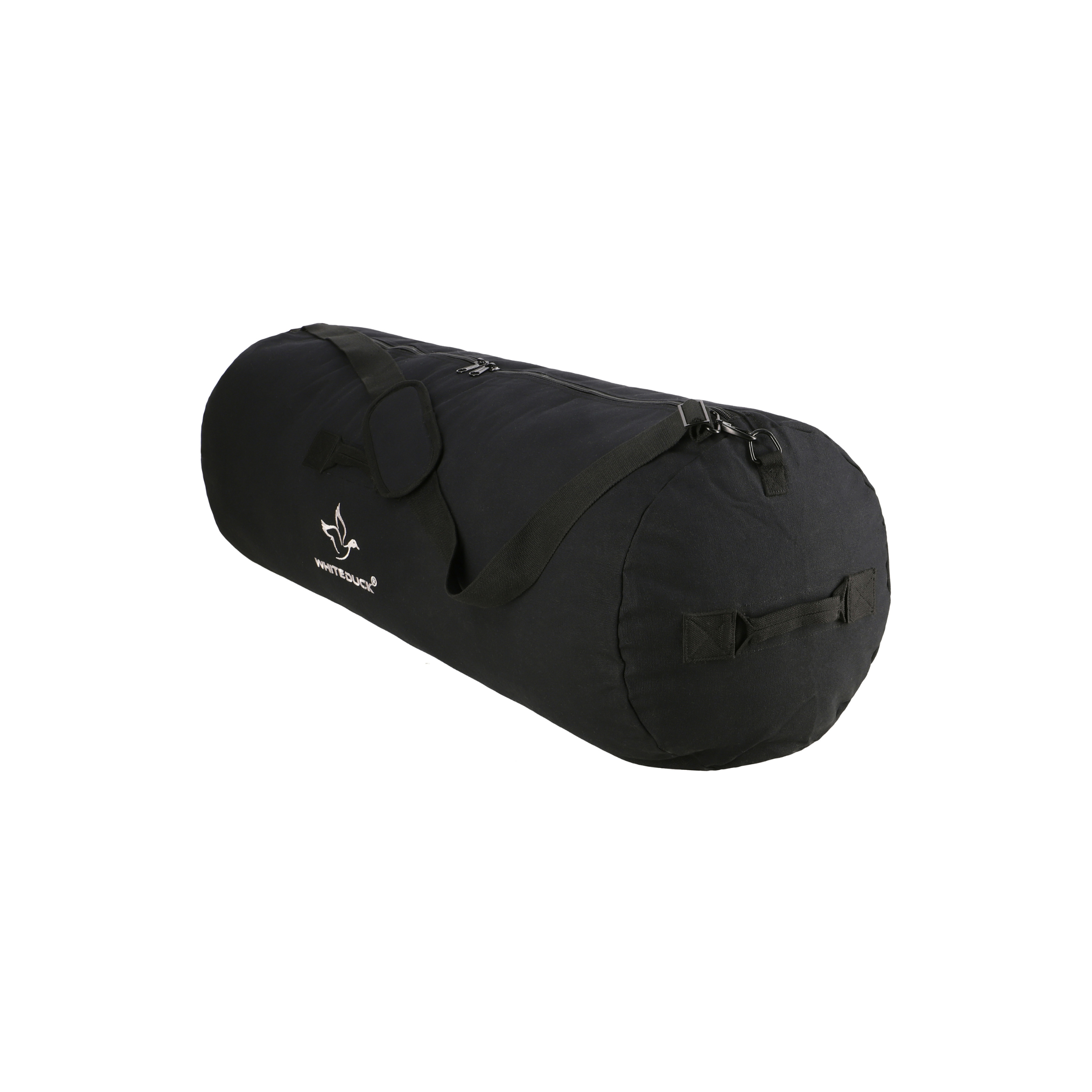 White Duck Outdoors Hoplite Canvas Duffel Bag showing sturdy fabric, adjustable strap, and spacious main compartment.