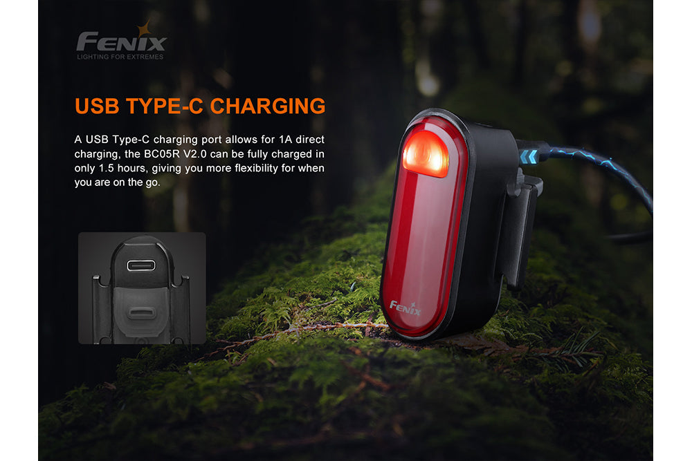 Fenix BC05R V2.0 rechargeable bike tail light mounted on a bicycle, showcasing its compact design and bright red LED.