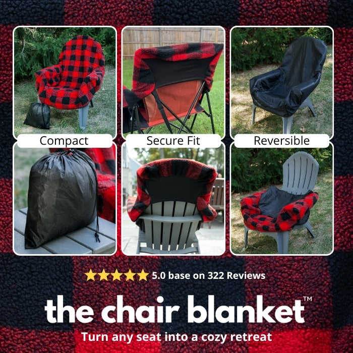 Red plaid chair blanket by City Bonfires draped over a chair, showcasing its cozy texture and vibrant pattern.