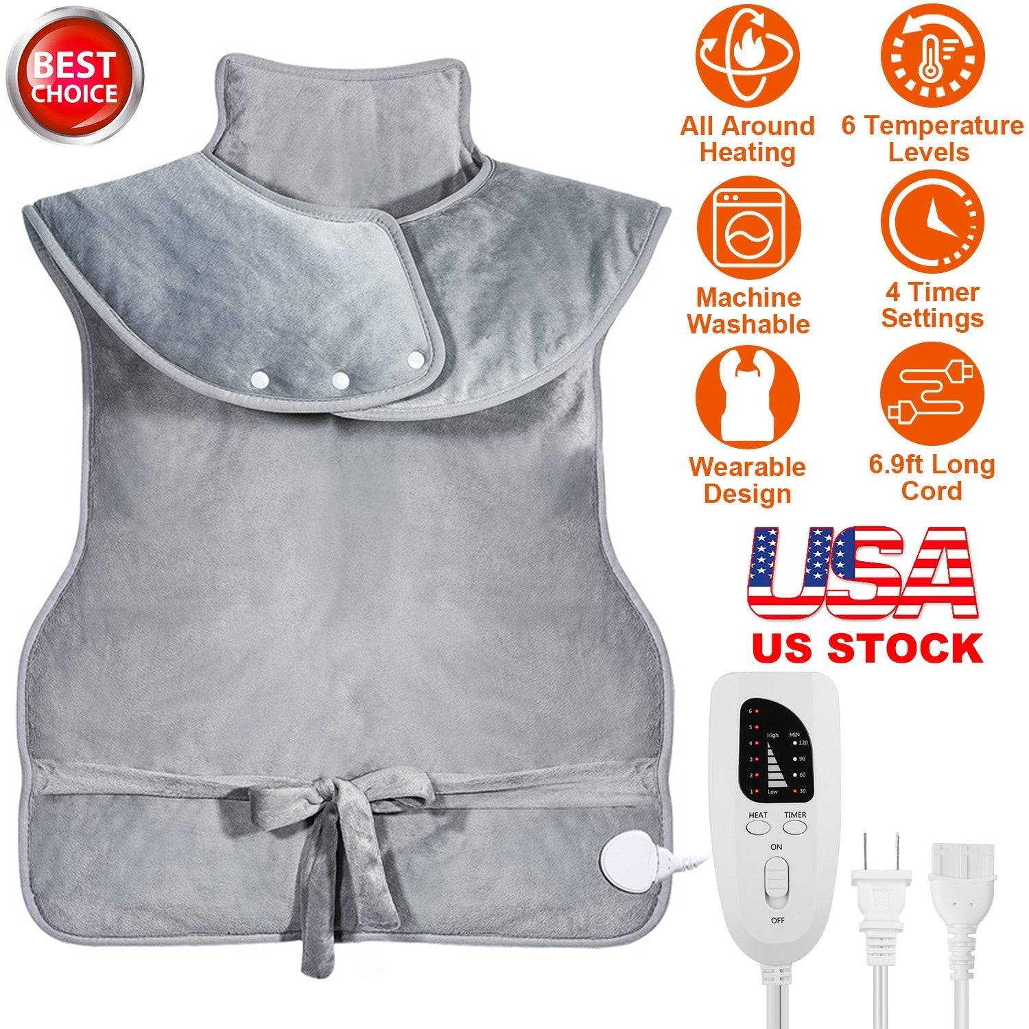 36.6x22in Electric Heating Wrap for Neck Shoulder Fast Heating Pad Mat Heated Neck Wrap for Back Pain Relief with 6 Temperature Settings 4 Timer Modes - OVERLANDERS Outfitter
