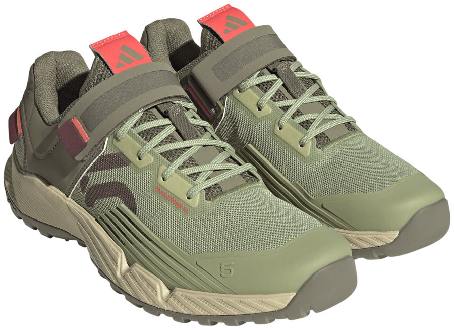 Women's Five Ten Trailcross clipless mountain shoes in Magic Lime, Quiet Crimson, and Orbit Green with rugged soles.