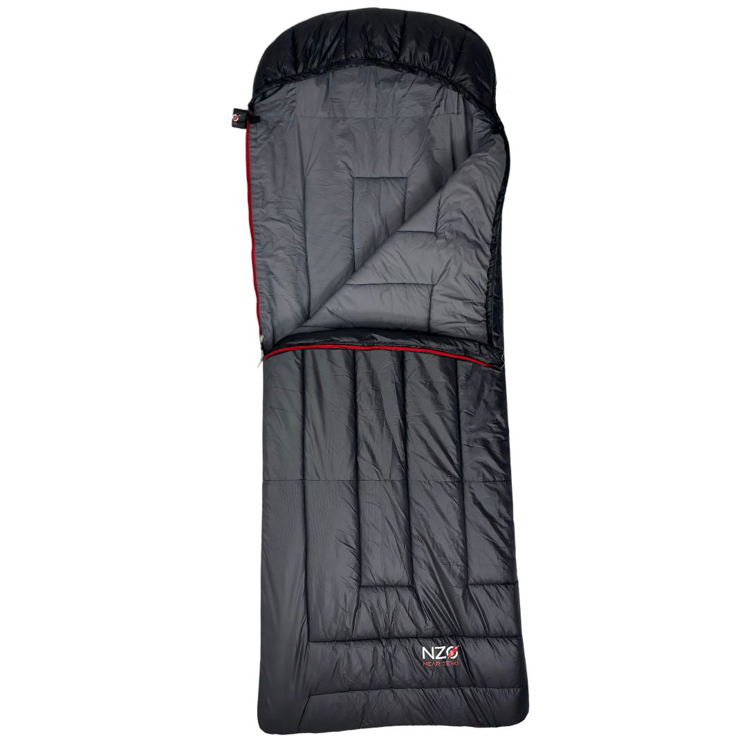 Near Zero Outdoor Gear Peralta 25 synthetic sleeping bag laid out on a camping tent floor, showing its compact design and insulation.