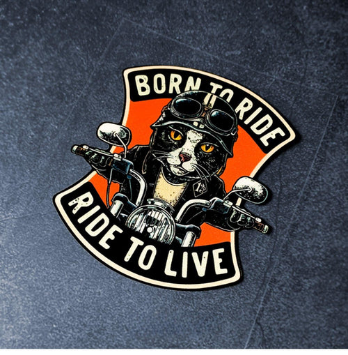 Decorative "BORN TO RIDE" sticker by Bean's Moto Booth, featuring bold lettering for motorcycle enthusiasts and bike lovers.