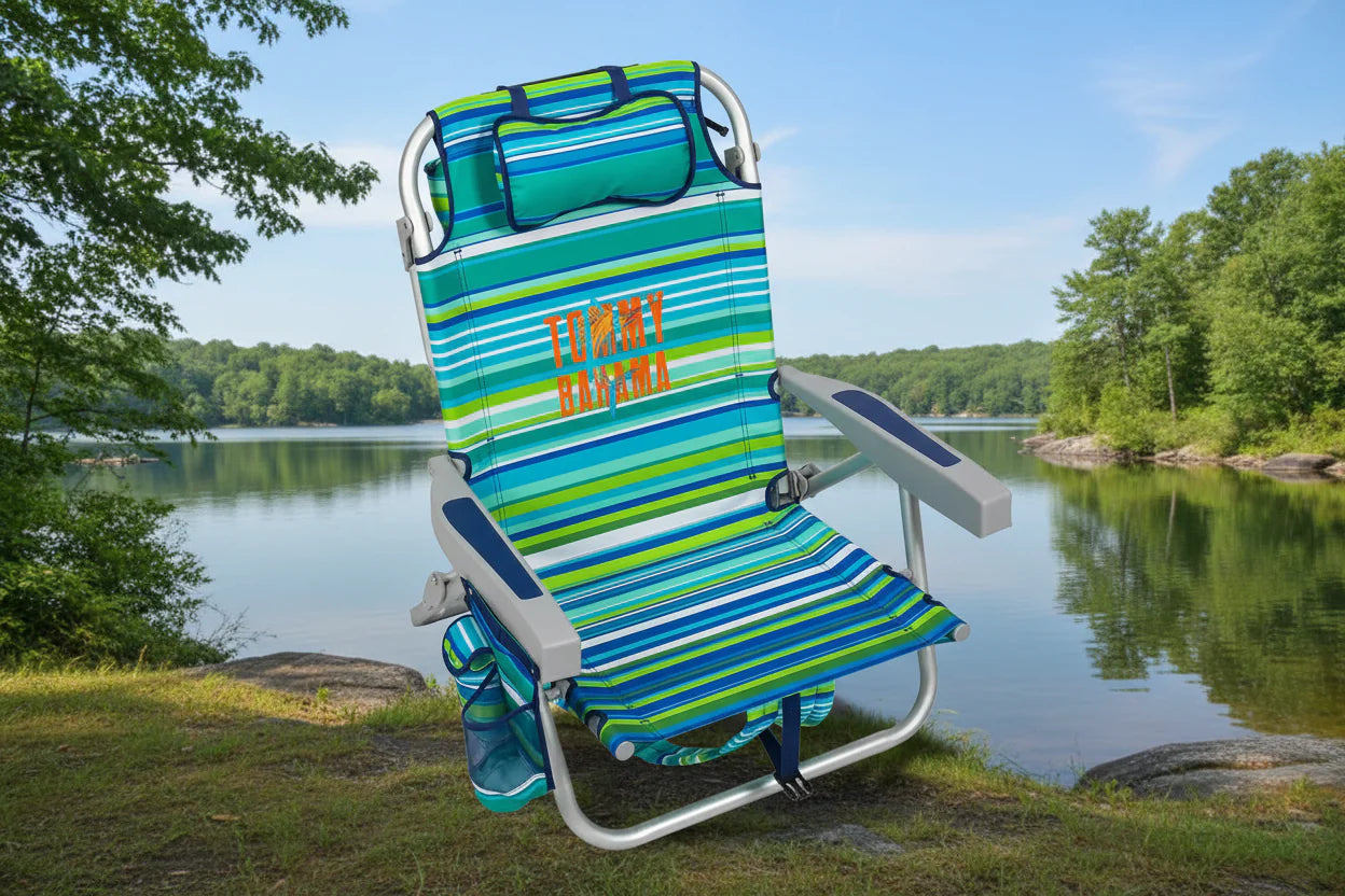 Sunflower Fields Tommy Bahama 2-pack backpack beach chairs with 5-position adjustable seats, lightweight and portable for outdoor use.