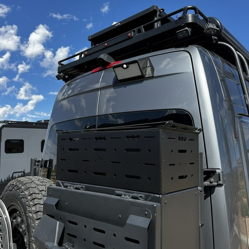 Rear door gear bin by Canyon Adventure Vans, made in Utah, with durable storage compartments for outdoor gear and tools.