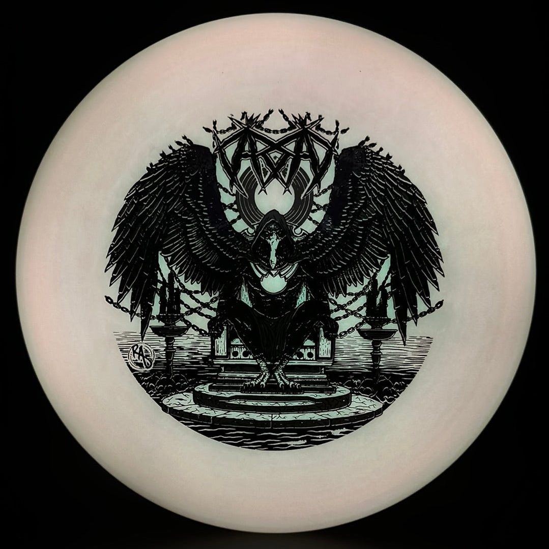 ESP Glo Buzzz disc golf disc by Rare Air Discs featuring Karudi the Overseer artwork, glowing in vibrant colors.