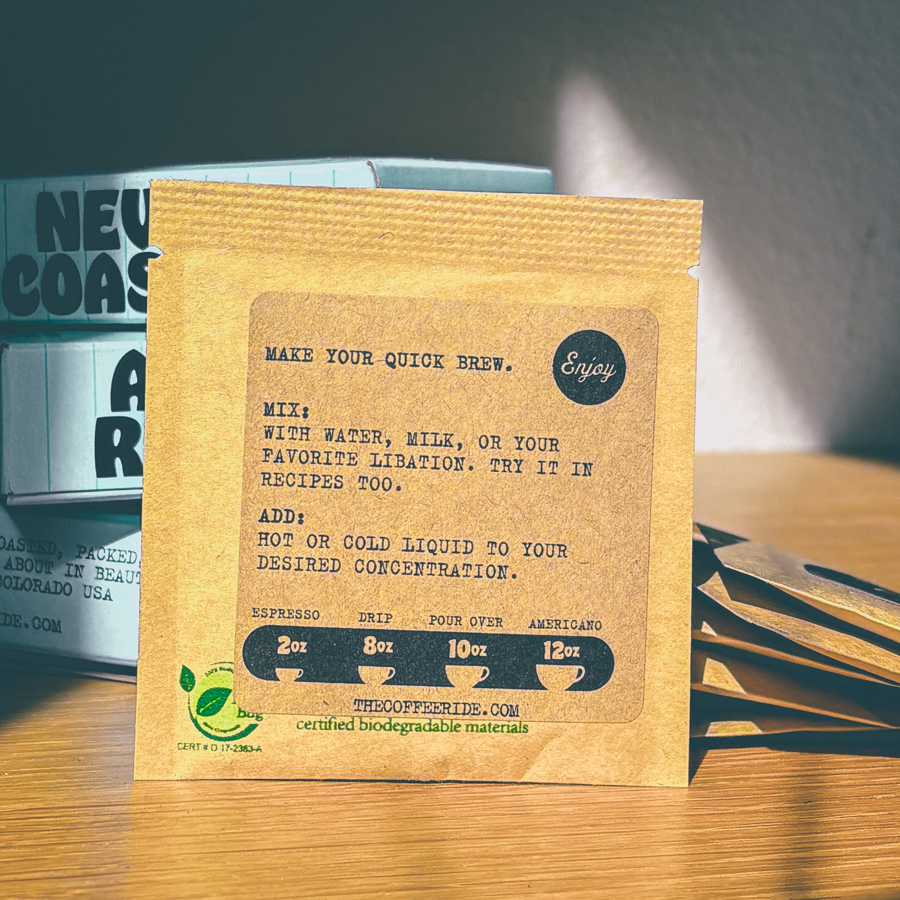 Decaf Colombia coffee bag from The Coffee Ride Coffee Roasting Co., featuring rich roast details and vibrant packaging.
