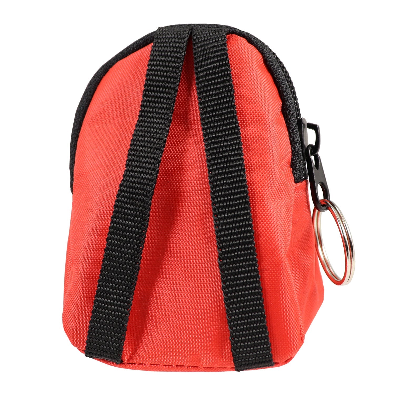Red CPR belt loop keychain with face shield, gloves, and cleansing wipes for emergency first aid preparedness.